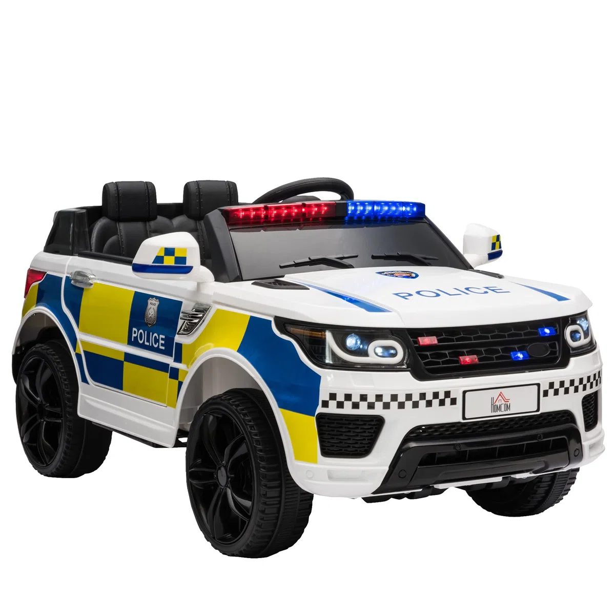 HOMCOM Macchina Elettrica per Bambini Polizia 12V Telecomando Sirena Luci USB Musica 110x68x52cm Bianco