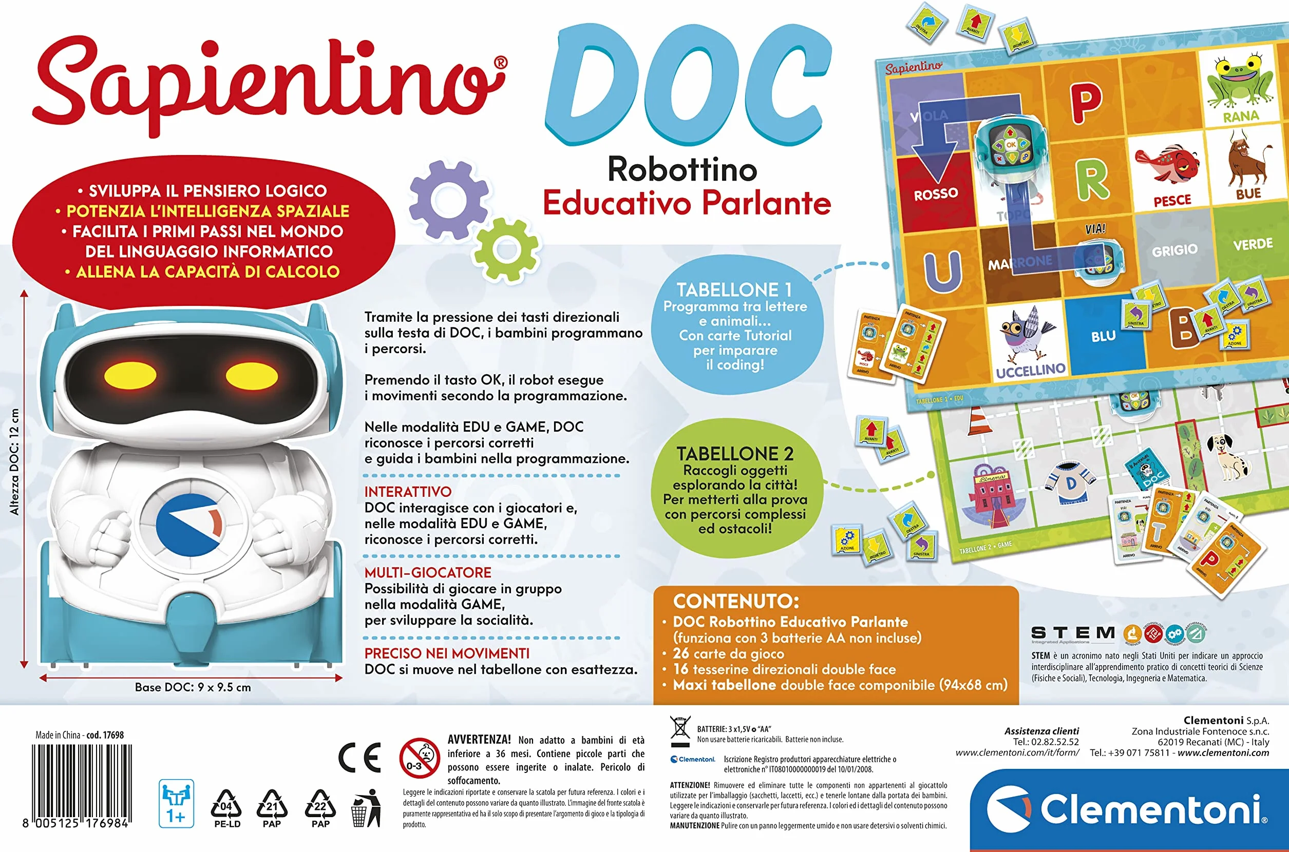 Clementoni Sapientino - Doc Robot - Coding e Programmazione, Robottino Educativo e Interattivo (in Italiano) per Bambini 5 Anni - 17698