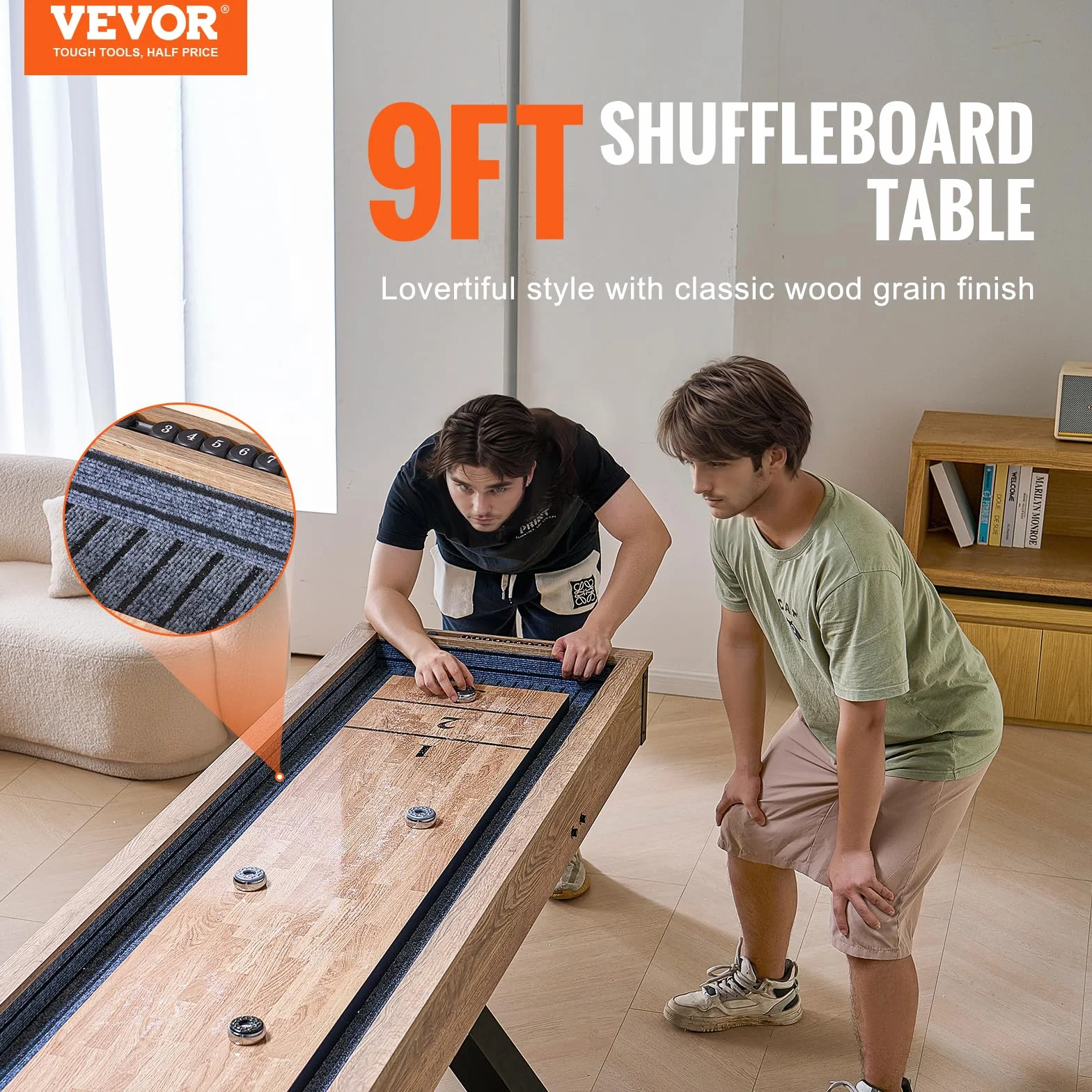 VEVOR Tavolo da Shuffleboard 274 cm per Giochi da Tavolo Giochi a Gruppo, Set Gioco di Shuffleboard Bowling 2 in 1, con Campo da Gioco Antigraffio, Gambe, 8 Dischi, Set da Bowling da Tavolo, Feste
