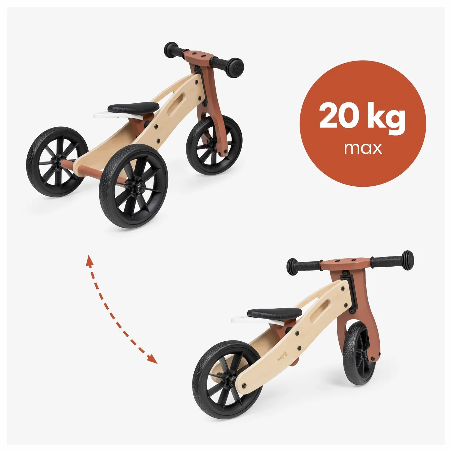 hauck First Ride Eco, Volpe - Triciclo e Bicicletta Senza Pedali Evolutivo in Legno per Bambini da 1 Anno Fino a 20 kg, Ruote 7,5 Pollici, Sella Regolabile in Altezza, con Manico di Trasporto