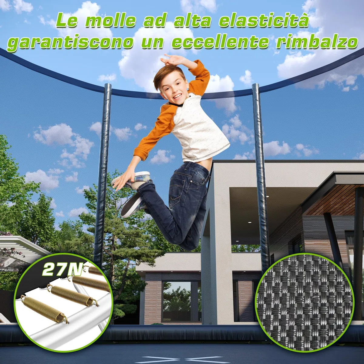 TRIUMPHKEY Trampolino esterno per bambini Ø 183/228/305/366/427 cm, trampolino da giardino, set completo con rete di sicurezza, scala, copertura del bordo, capacità di carico 50-150 kg