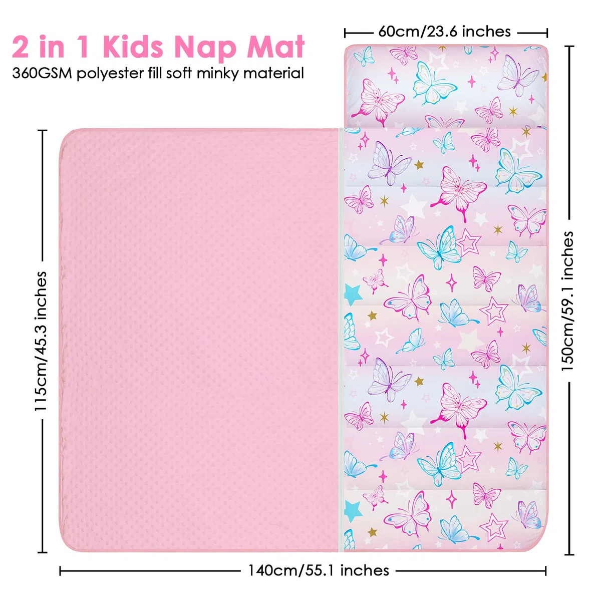 Decalsweet Nap Mat per Bambini con Cuscino e Coperta Rimovibili, Grande Extra Spesso 2 in 1 Sacco a Pelo Pieghevole per Ragazze Ragazzi, Leggero e Morbido Nap Mats per Asilo Nido e Campeggio