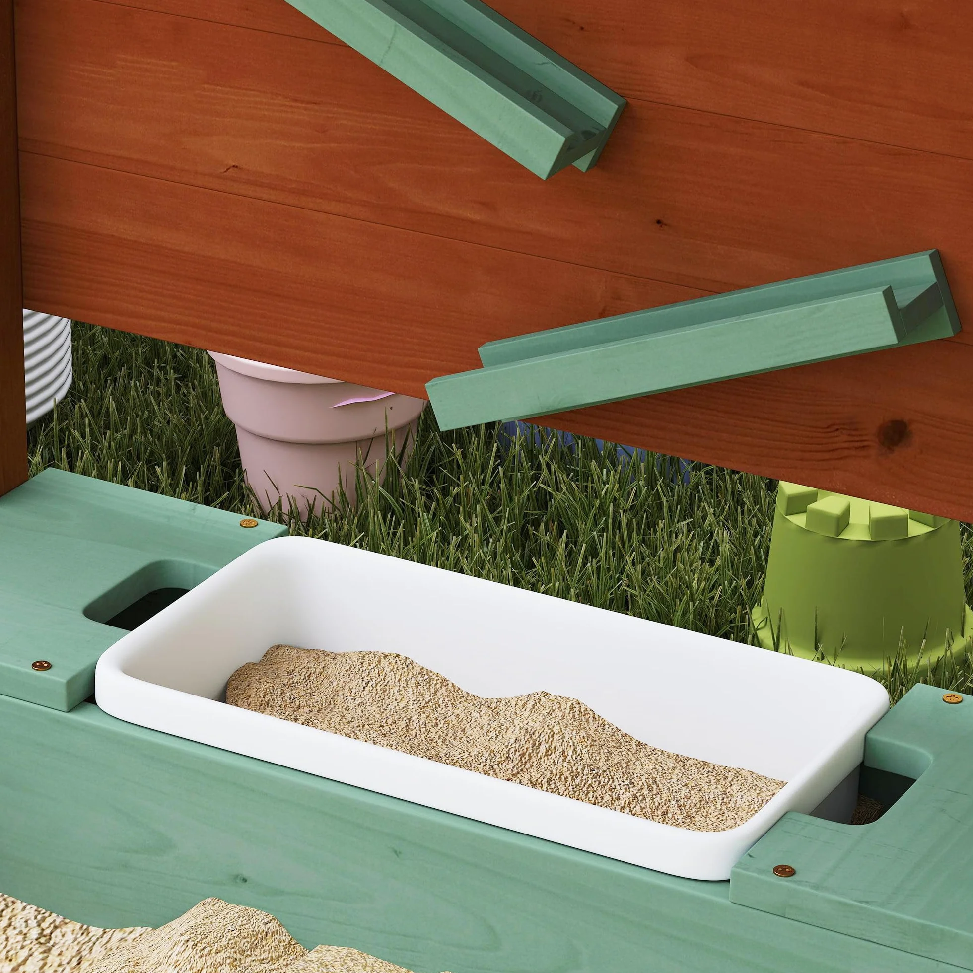 AIYAPLAY Sabbiera con tetto, 116 x 112,5 cm sabbiera in legno Sabbiera con sedile, 2 contenitori, sabbia e giochi d'acqua, secchio con rubinetto per bambini da 3 a 6 anni Verde