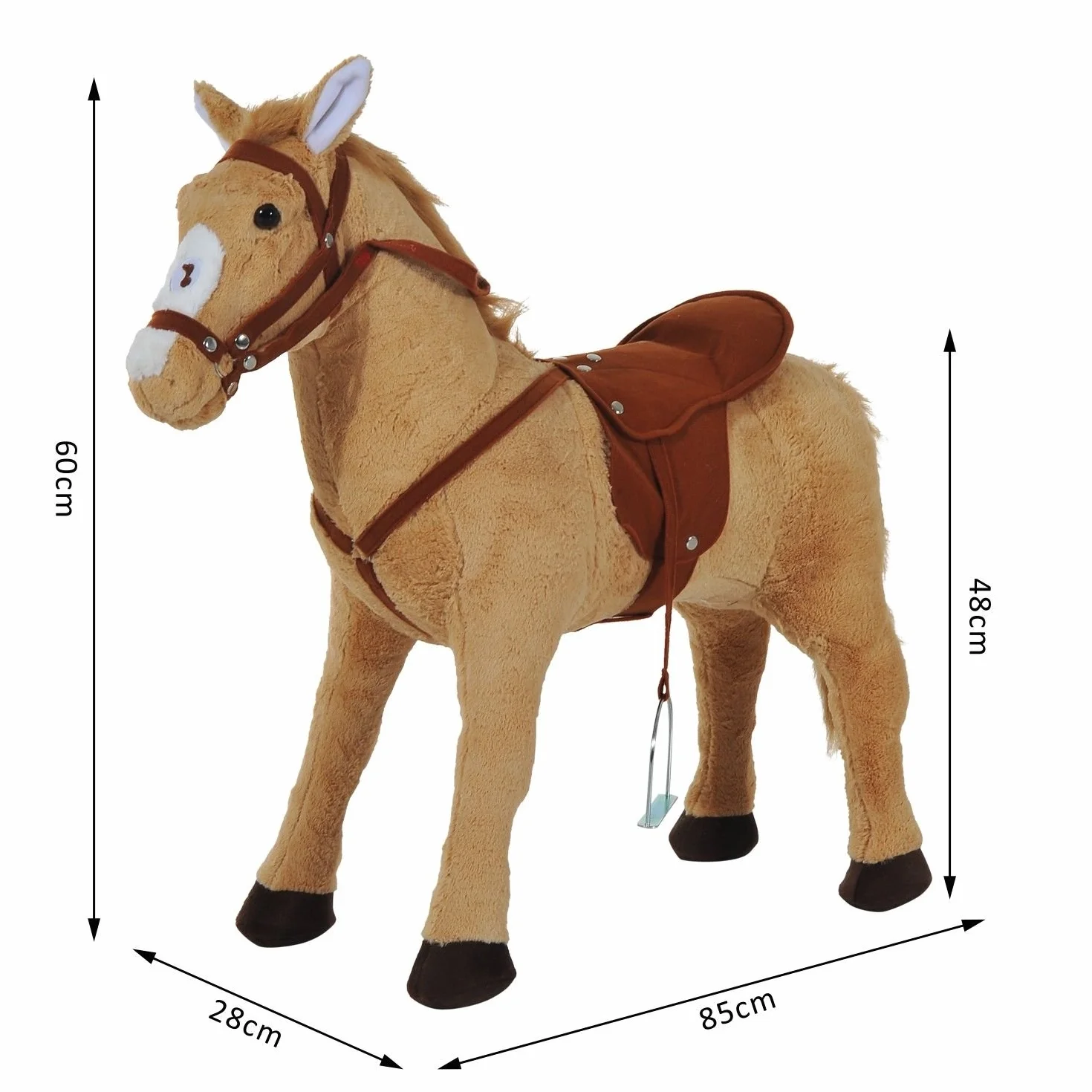 HOMCOM Cavallo Giocattolo con Sella, Briglie e Poggiapiedi, Cavallo Cavalcabile in Peluche, Metallo e Cotone PP, 85x28x60 cm, Beige