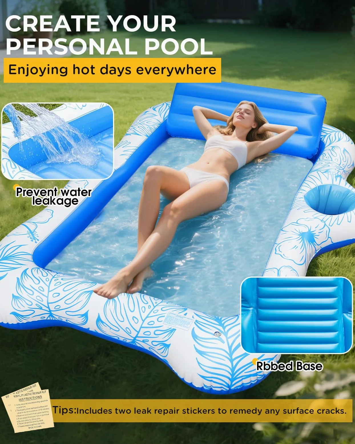 Materassino Gonfiabile Piscina per Adulti 180×120 cm con Cuscino Rimuovibile e 2 Portabicchieri