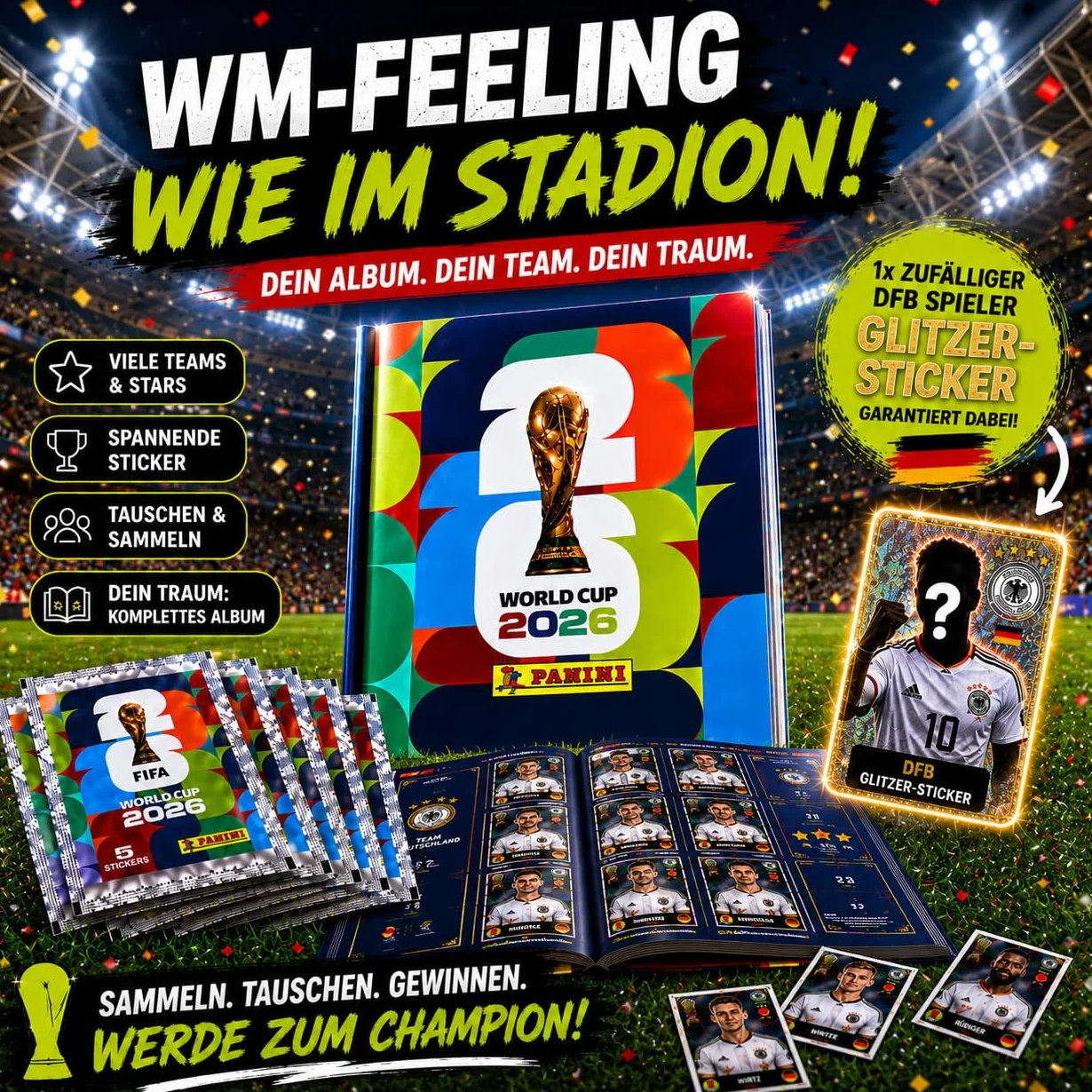 Panini Album di Adesivi Originale 2026 Mondiali Set di Base XXL Starter Set XL Copertina Morbida 6 Sacchetti Adesivi Germania