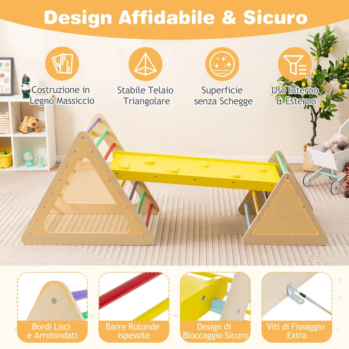 RELAX4LIFE Triangolo da Arrampicata in Legno con Scivolo, 2 Scale e 1 Rampa, Giochi Montessori per Bambini 1+