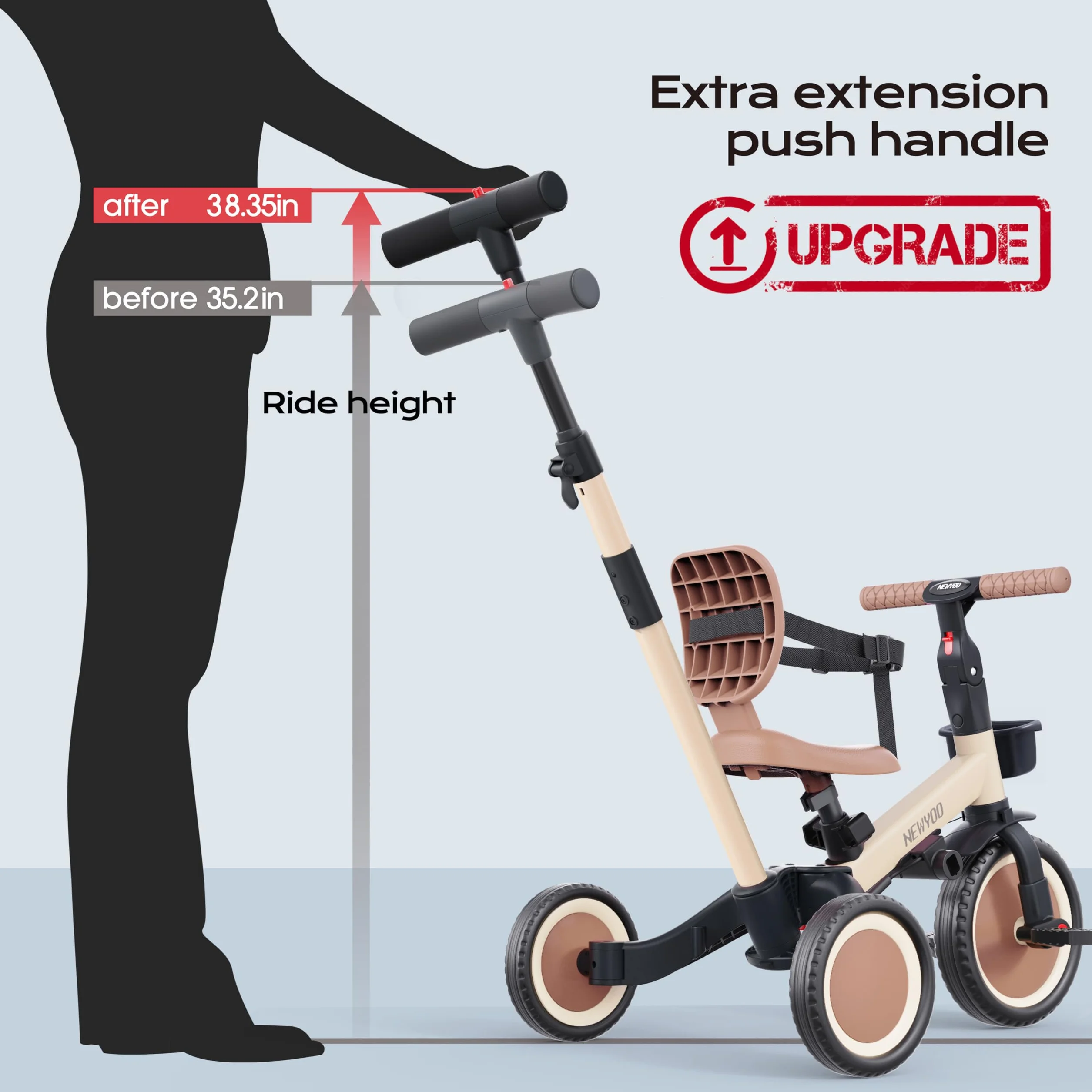 newyoo Triciclo per Bambini 1-3 Anni con Manico di Spinta, Bicicletta per Bambini, Regalo e Giocattolo per Bambini e Bambine, Triciclo 5 in 1 con Schienale e Cintura di Sicurezza, Kaki, TR007
