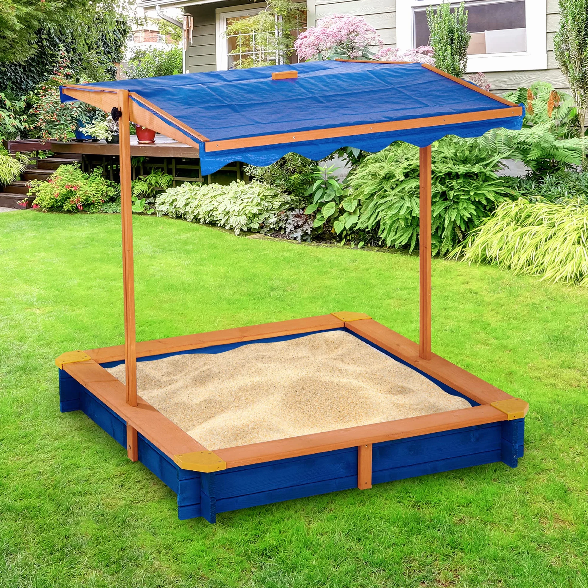 Teamson Kids Wooden Sand Pit con Coperchio, Grande Scatola di Sabbia all'aperto con Copertura a baldacchino rotabile per Giardino Esterno, Altezza Regolabile, Sabbia per Bambini