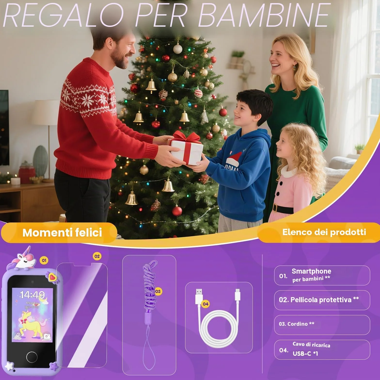 Fippesax Telefono Bambini, 2,8" Smartphone Bambini, Telefono Giocattolo per Bambine con 8GB Card, 20 Giochi Didattici, Doppia Fotocamera, Musicale, Sveglia - Regalo Natale/Compleanno Viola