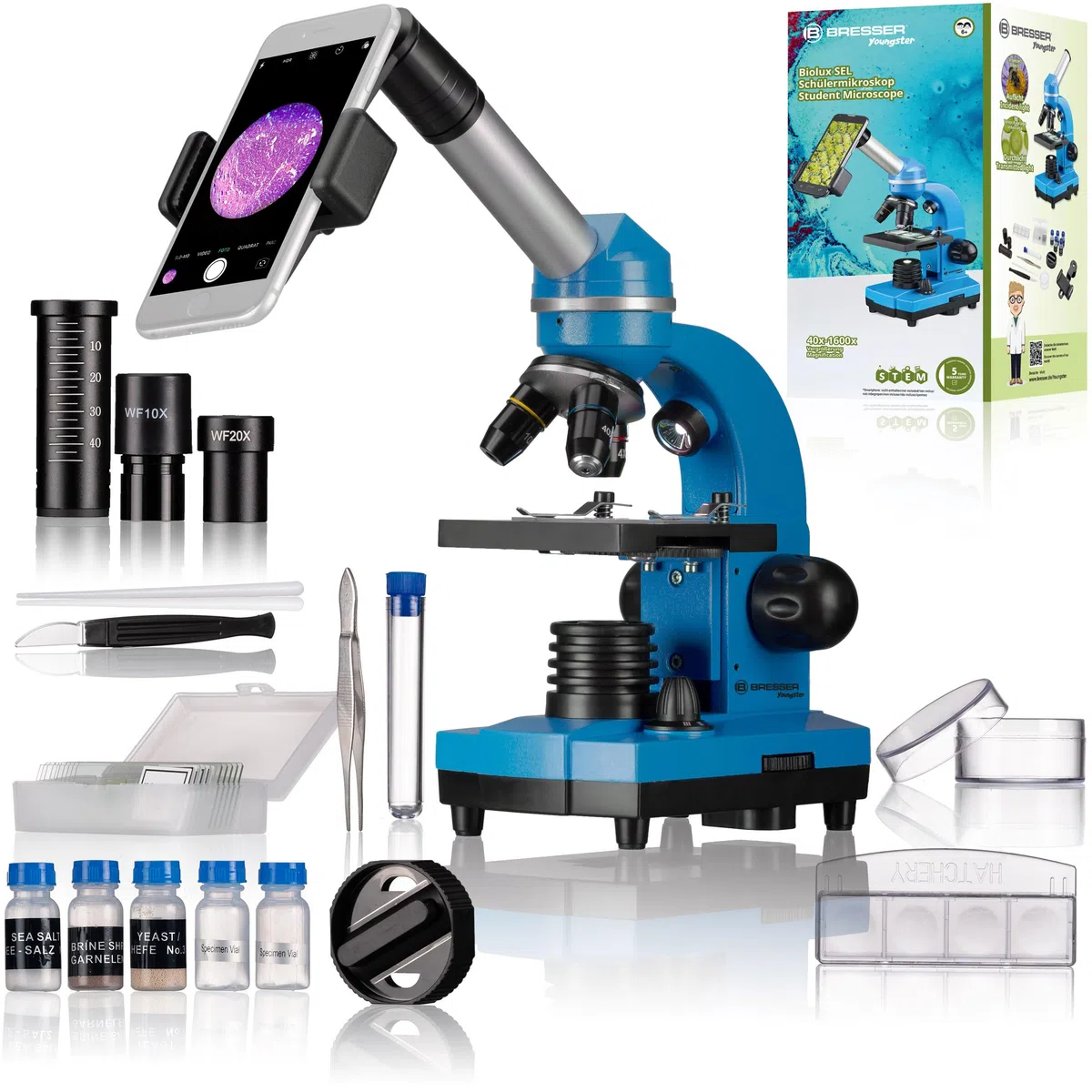 Bresser Bresse Junior microscopio per studenti Biolux Sel con supporto per smartphone, accessori e sistema di zoom Barlow, per bambini, principianti e adulti