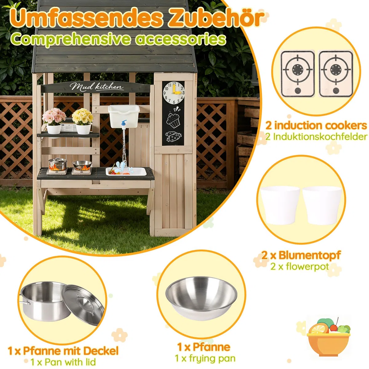Casetta da Gioco in Legno per Bambini con Cucina Esterna, Lavandino, Lavagna, Accessori, Regalo 3+