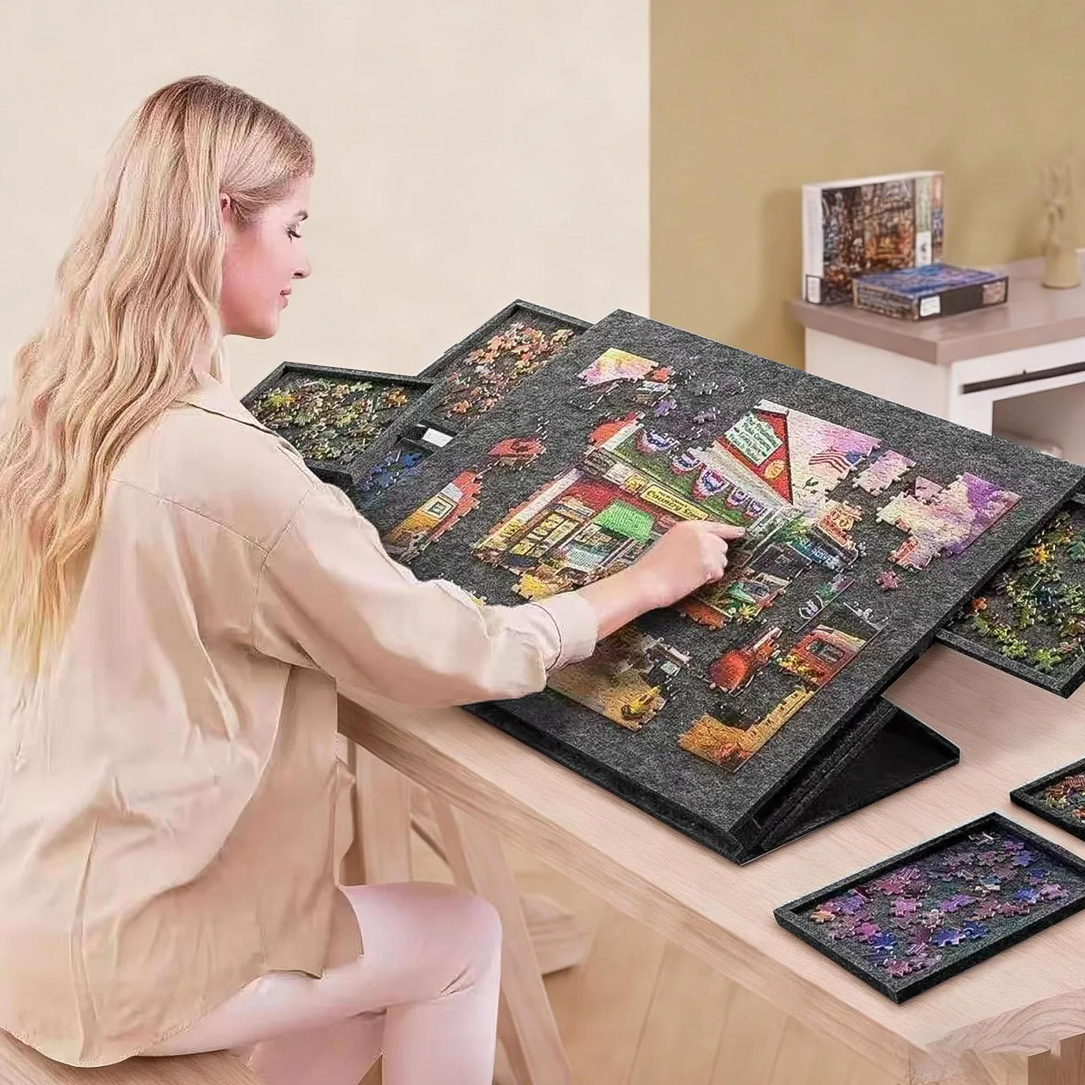 Tavolo per Puzzle Inclinabile con 6 Cassetti e Copertura - Tavola Leggera in Feltro per Fino a 1000 Pezzi - Con Supporto 2-in-1 e Maniglia da Trasporto - Ideale per Adulti e Appassionati di Puzzle