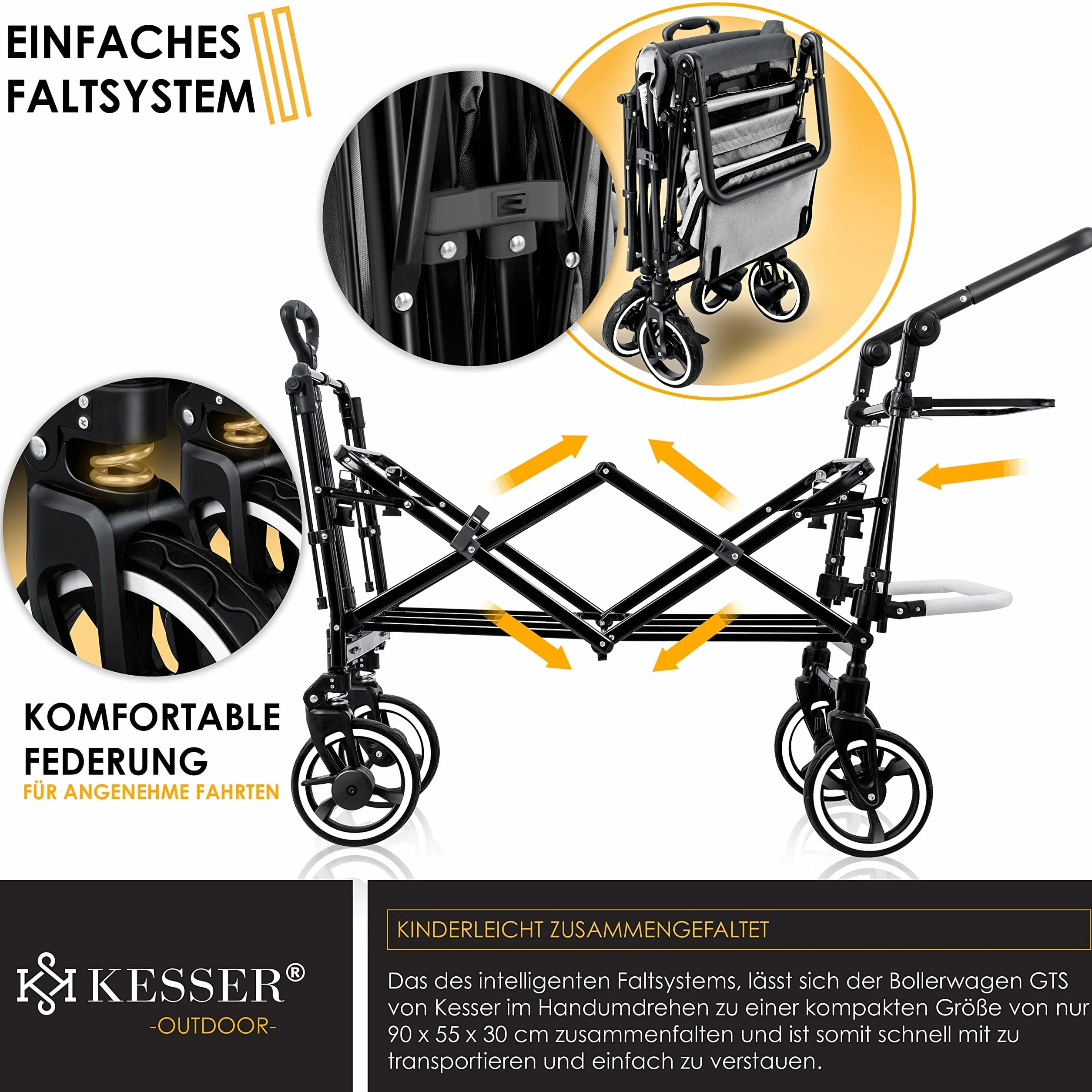 KESSER® - Carrello pieghevole manuale GTS-9100 con tettoia, carrello pieghevole con 2 sistemi con cinture a 3 punti, ruote in gomma girevoli a 360° e sistema di prolungamento interno, freno anteriore