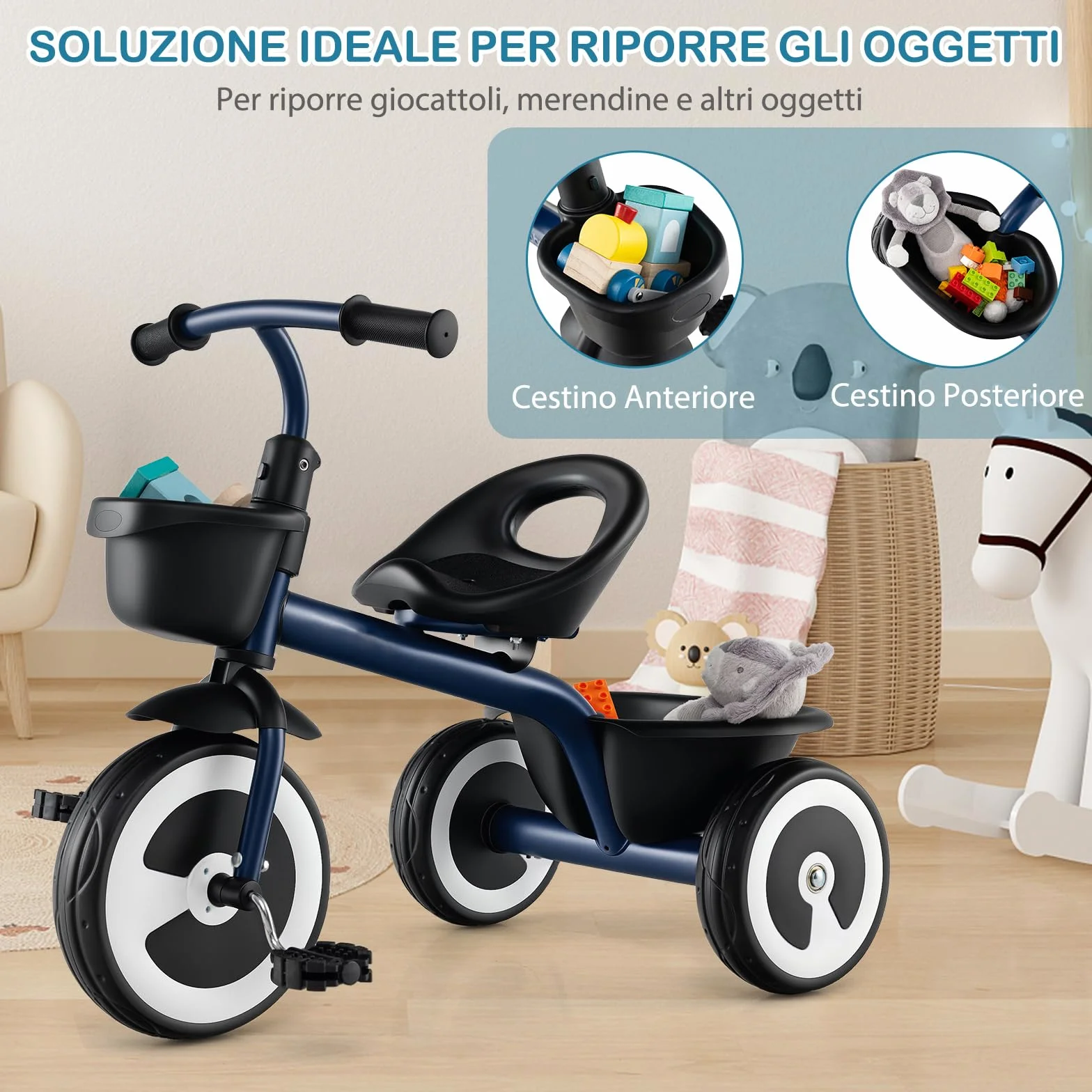 COSTWAY Triciclo per Bambini, Trike con Sede Regolabile Cestini Anteriori e Posteriori, Bicicletta a 3 Ruote con Telaio in Ferro Carbonioso di Alta Resistenza, per Bambini 1,5-5 Anni (Blu)