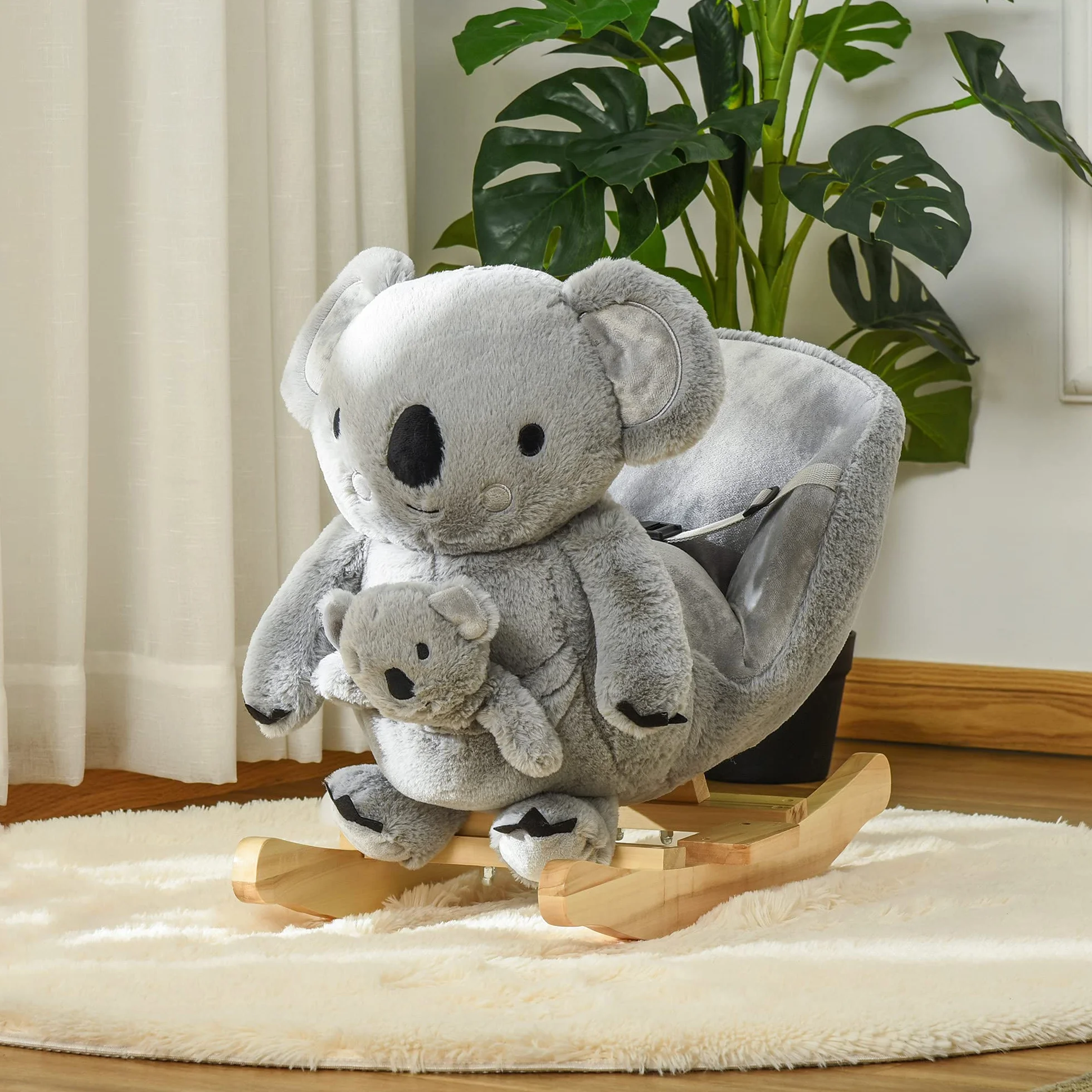 HOMCOM Cavallo a Dondolo Koala in Peluche Imbottita con Suoni, Cintura di sicurezza e Base in Legno, 60x33x50cm, Grigio