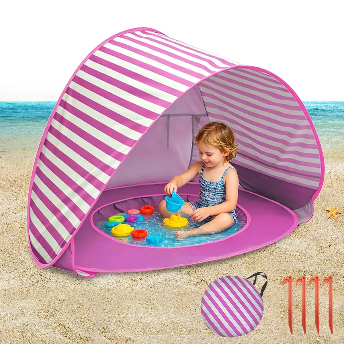 MeYuxg Tenda da spiaggia per bambini con protezione UV 50+ portatile mini piscina separabile rosa
