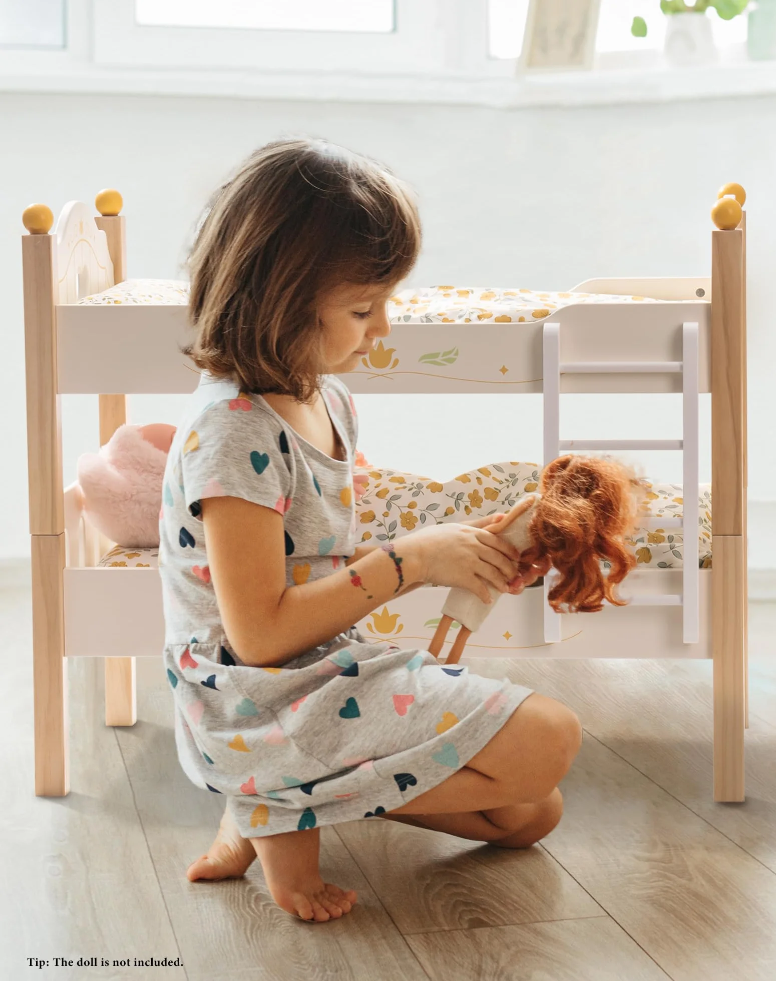 ROBOTIME Letto a castello per bambole in legno da 18", lettino per bambole trasformabile con scaletta e biancheria da letto, culla per bambole impilabile, regalo perfetto per bambini, color legno