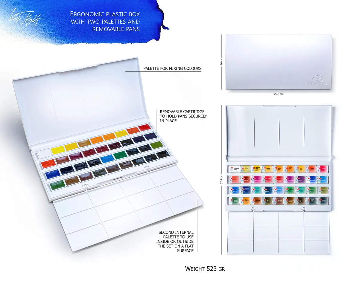 White Nights Set di acquerelli russi per artisti, 36 colori in vasetti interi in una scatola di plastica, alta brillantezza e luminosità