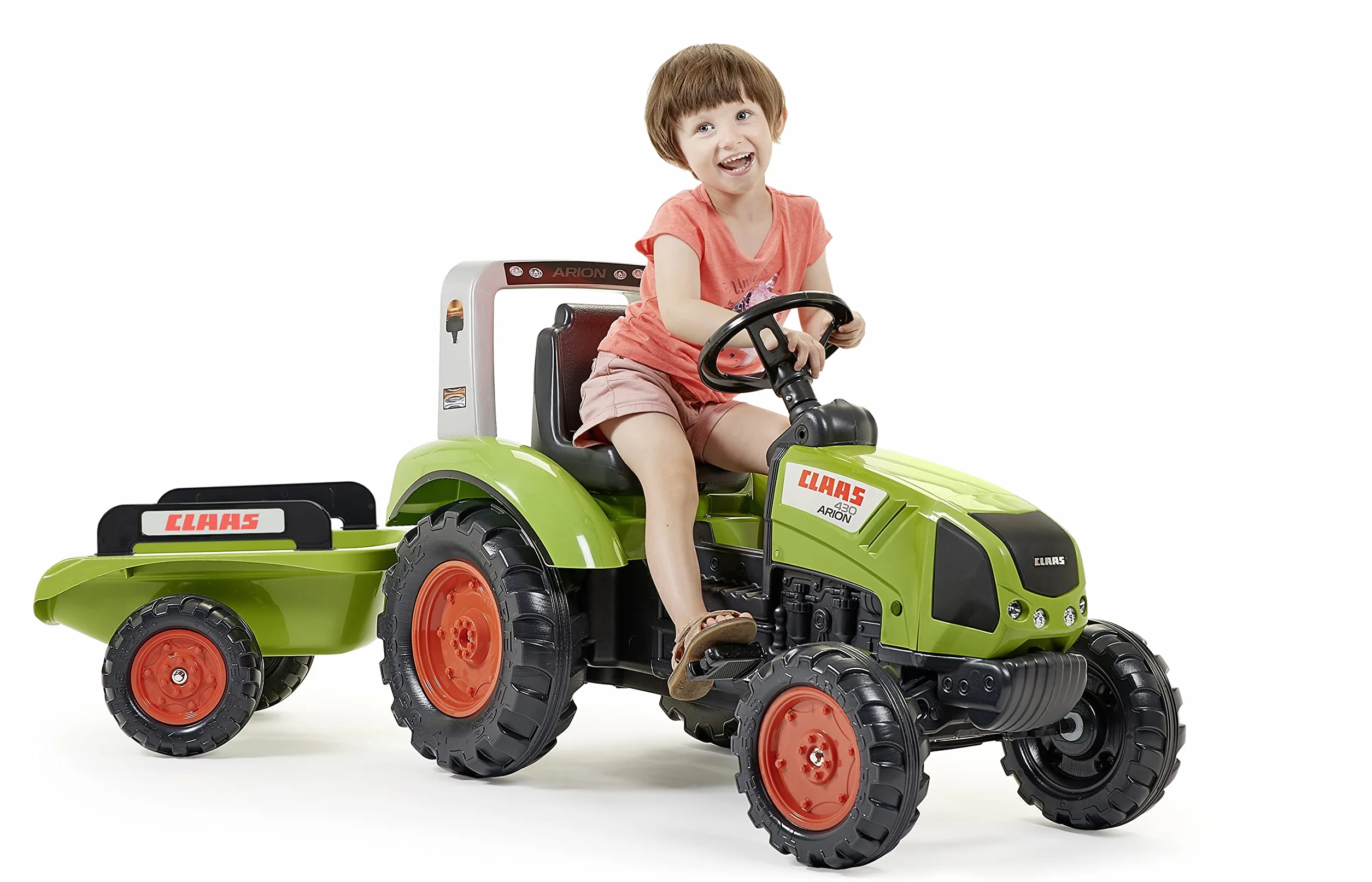 Falk 1040AB - Trattore a Pedali Claas con rimorchio, a Partire da 3 Anni, Prodotto in Francia, Volante direzionale con clacson, Sedile Regolabile