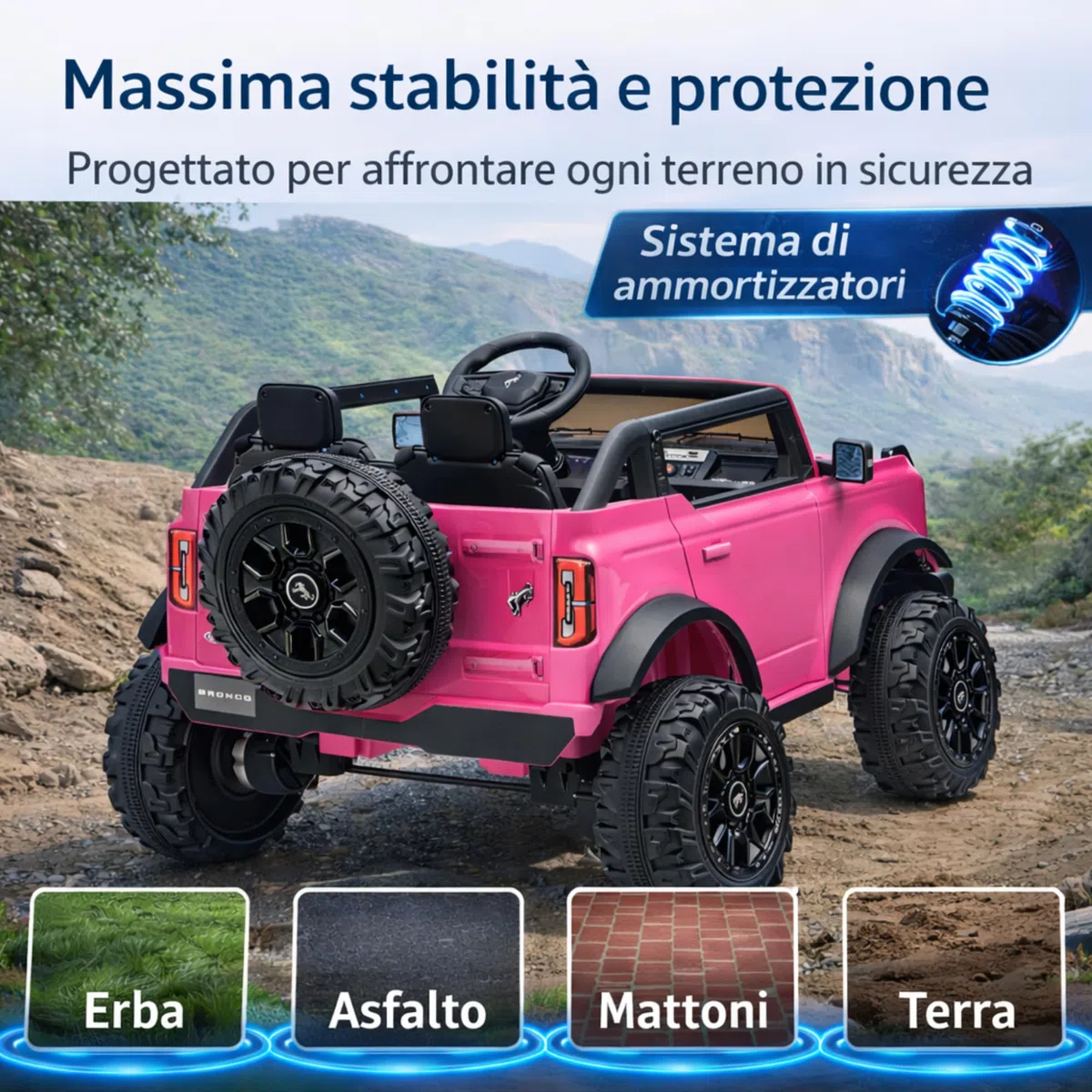 Ford Bronco 24V Maxi Auto Elettrica Bambini 2 Posti Telecomando Porte Apribili Bluetooth 60 Kg Rosa