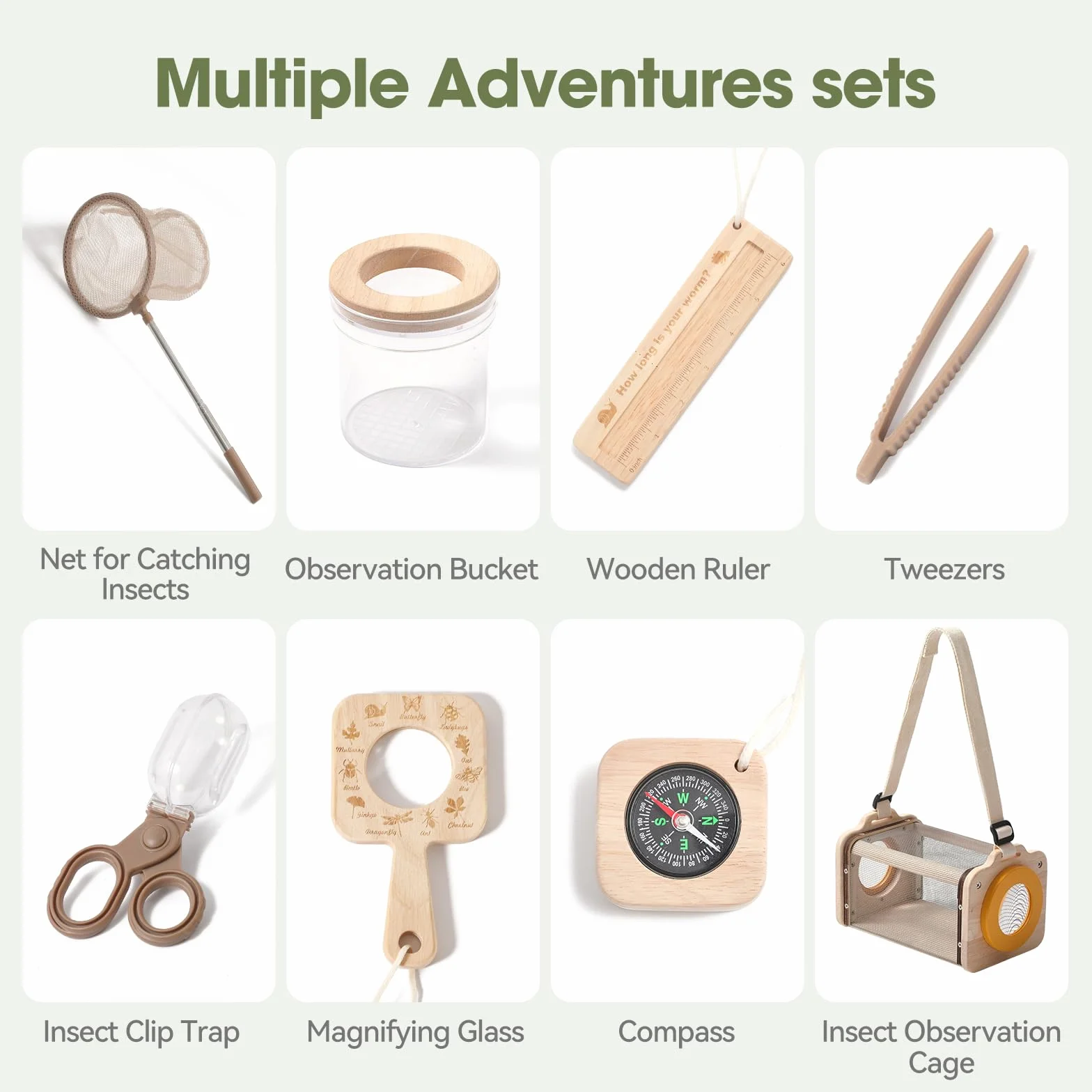 WOODEN TEETHER Set da ricercatori in legno massello per bambini,per attività all'aria aperta (9 pezzi)