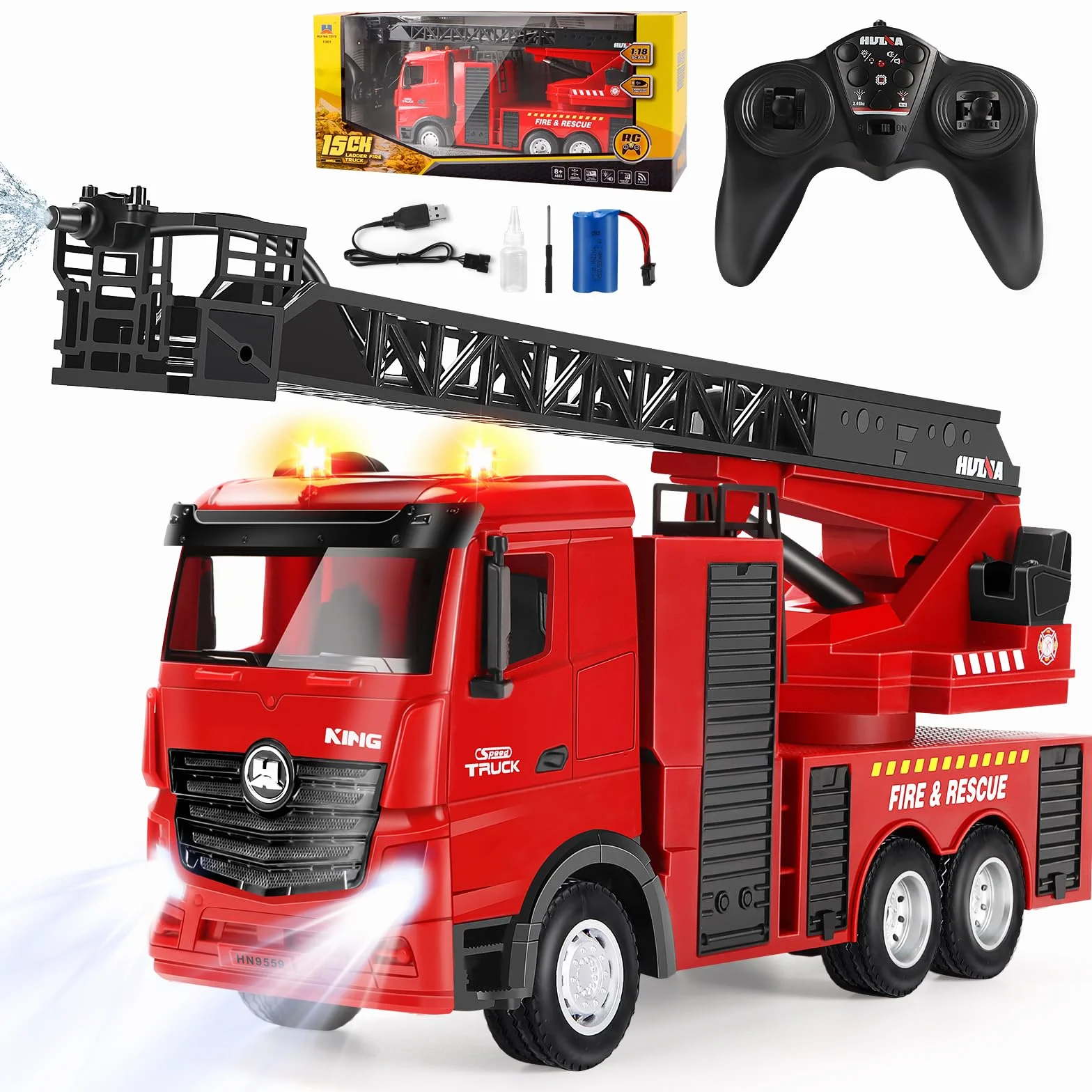 Joellfuner Camion Pompieri Giocattolo, 1:18 15 Canali Camion Pompieri Telecomandato, Giochi Vigili del Fuoco Radiocomandato Grande con Luci, Scala Retrattile e Pompa Spruzzatrice d'acqua per Bambini
