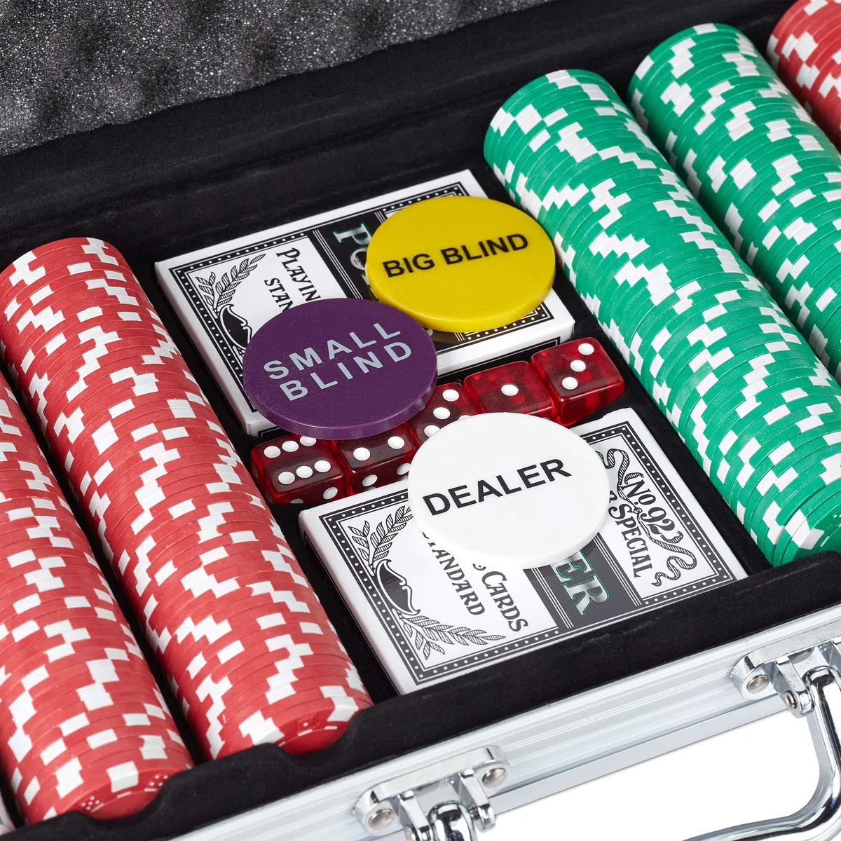 Relaxdays Valigetta Poker, 500 Chips Laser, 2 Mazzi di Carte, 5 Dadi, Dealer, Richiudibile & Portatile,Alluminio,Argento