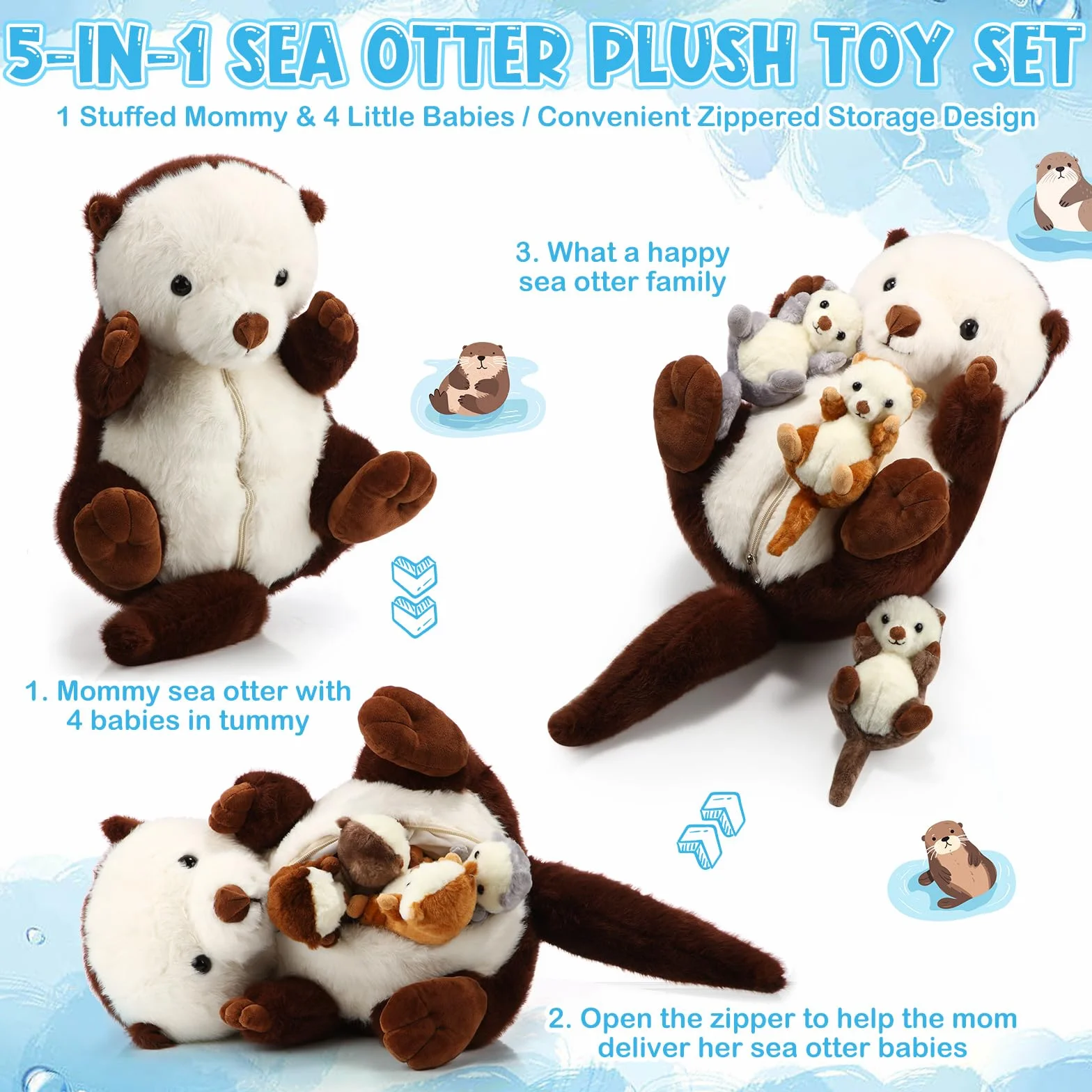 5 Pezzi Set di Animali di Peluche Mamma Lontra Marina con 4 Teneri Cuccioli nella Pancia Peluche 16,5 Pollici Lontra Marina Morbido e Coccoloso con Cerniera per Bambino Compleanno Natale
