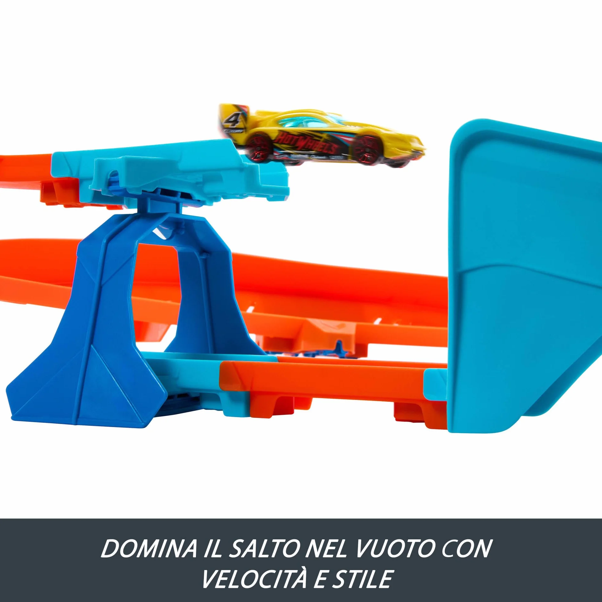 Hot Wheels - Boosted Jump Speedway, set pista con box deluxe da costruire e booster motorizzato, macchinina in scala 1:64 inclusa, giocattolo per bambini, 5+ anni, JDB49