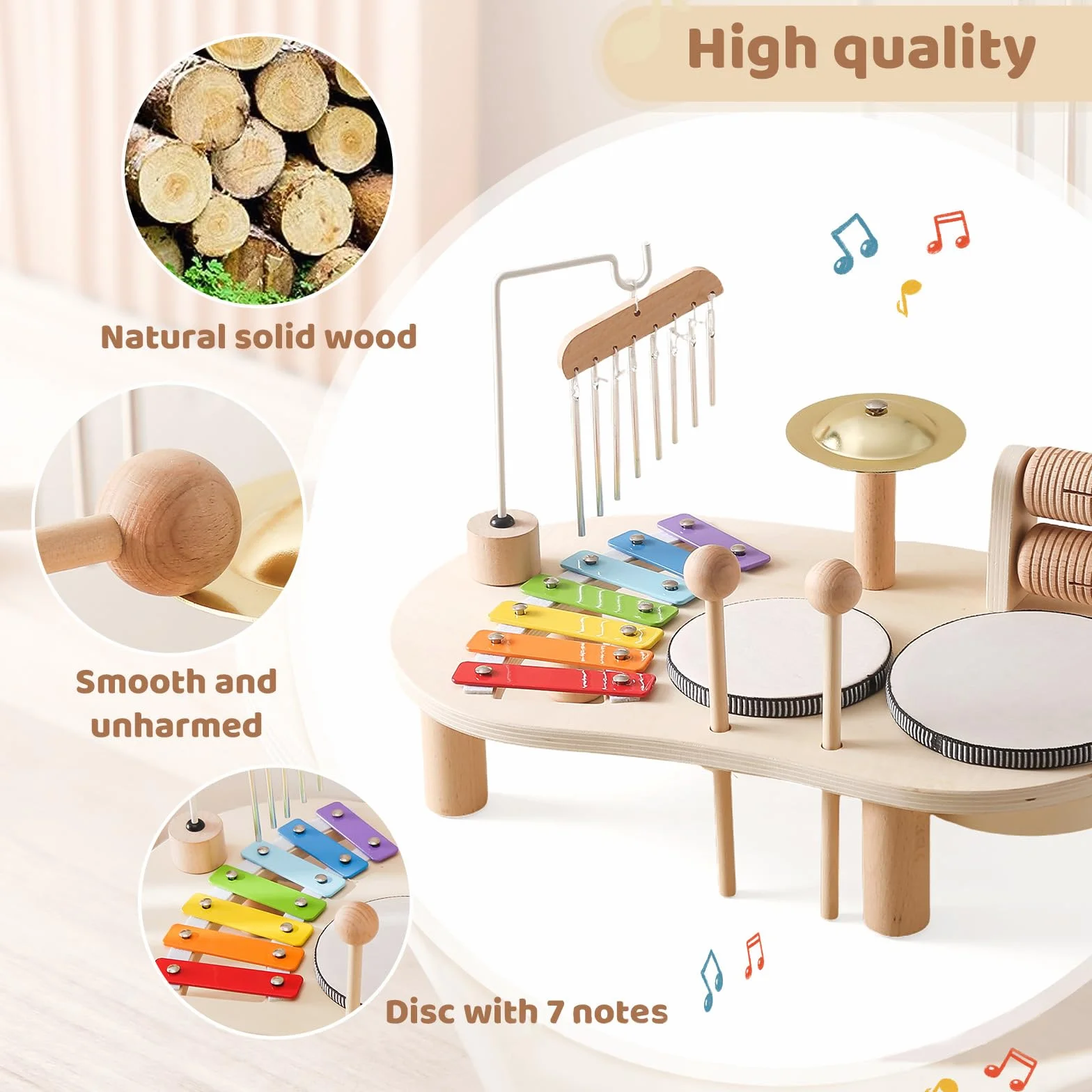 7 in 1 Baby Drum Set per Bambini, Xylophone Giocattolo Musicale di Legno, Strumenti Musicali Montessori del Bambino,Regalo di Compleanno per Ragazzi E Ragazze, A