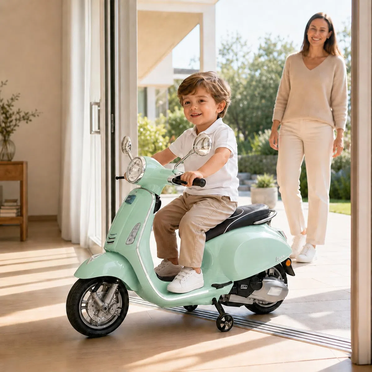 Piaggio Vespa Elettrica Bambini 12V TOYSCAR Moto Elettrica con Luci LED Bluetooth Sedile Pelle Retromarcia Rotelle Menta