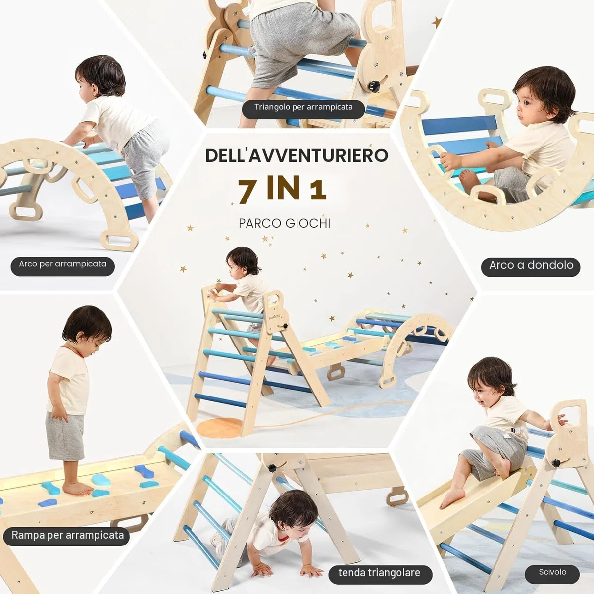 BlueWood Set da Arrampicata per Bambini 3 in 1, Set di Triangoli per Arrampicata Pieghevoli di Arrampicata Pieghevole con Scivolo ad Arco, Palestre Montessoriano e Arrampicata Indoor per Bambini