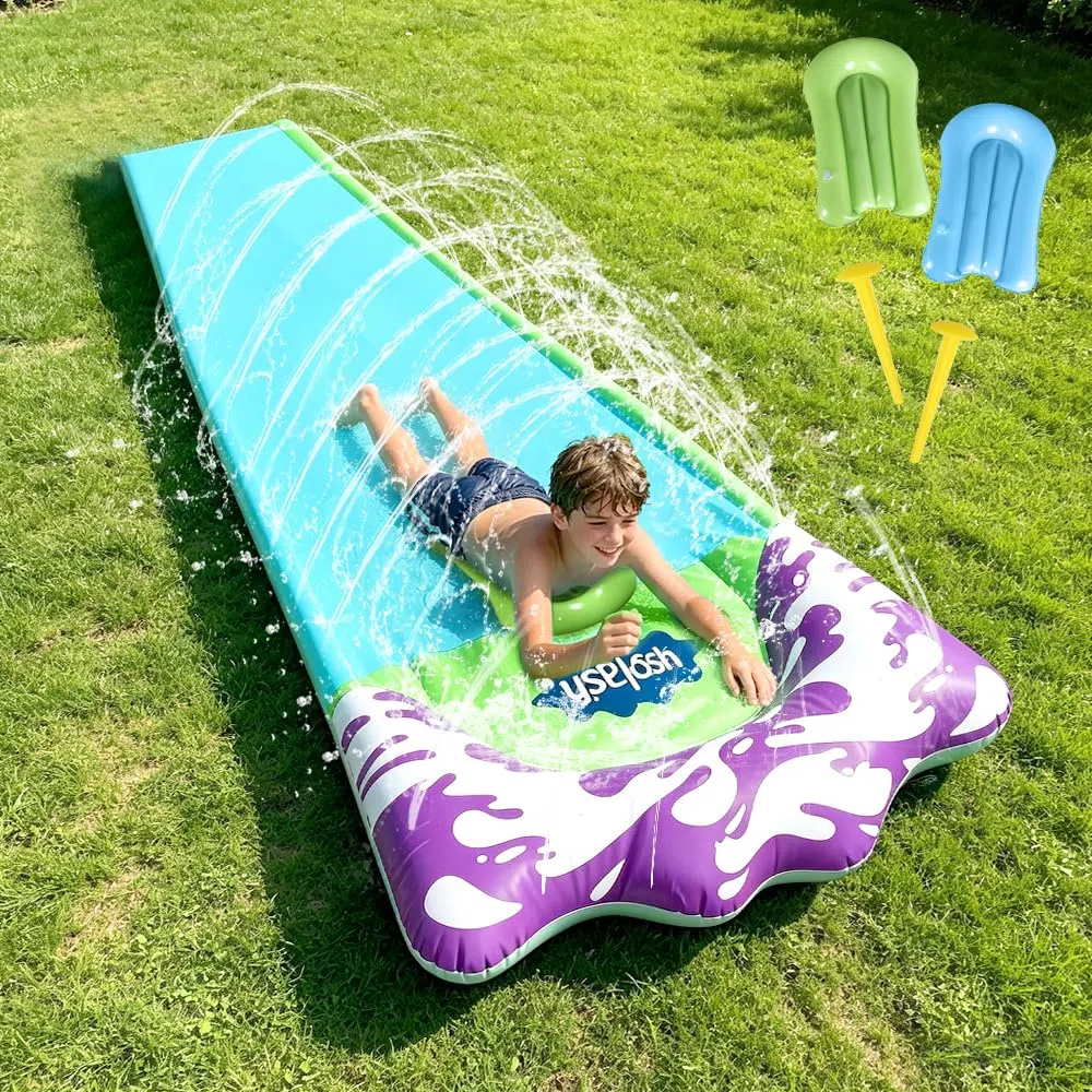 Scivolo D'acqua 480x70cm con Spruzzatori, Tappetino Acquatico con 2 Bodyboard