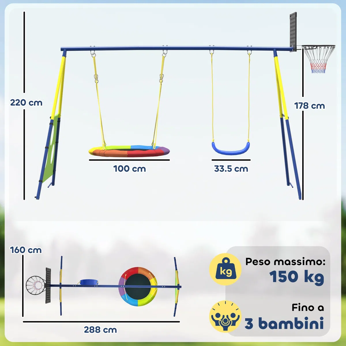 AIYAPLAY Set Altalena da Giardino 4 in 1 per Bambini con 2 Altalene, Canestro da Basket, Porta da Calcio, Supporto ad A in Acciaio, Capacità 150 kg, per Uso Esterno, 3-8 Anni, 288x160x220 cm
