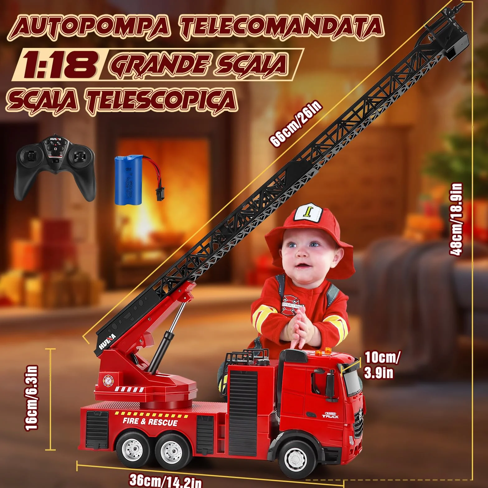 Joellfuner Camion Pompieri Giocattolo, 1:18 15 Canali Camion Pompieri Telecomandato, Giochi Vigili del Fuoco Radiocomandato Grande con Luci, Scala Retrattile e Pompa Spruzzatrice d'acqua per Bambini
