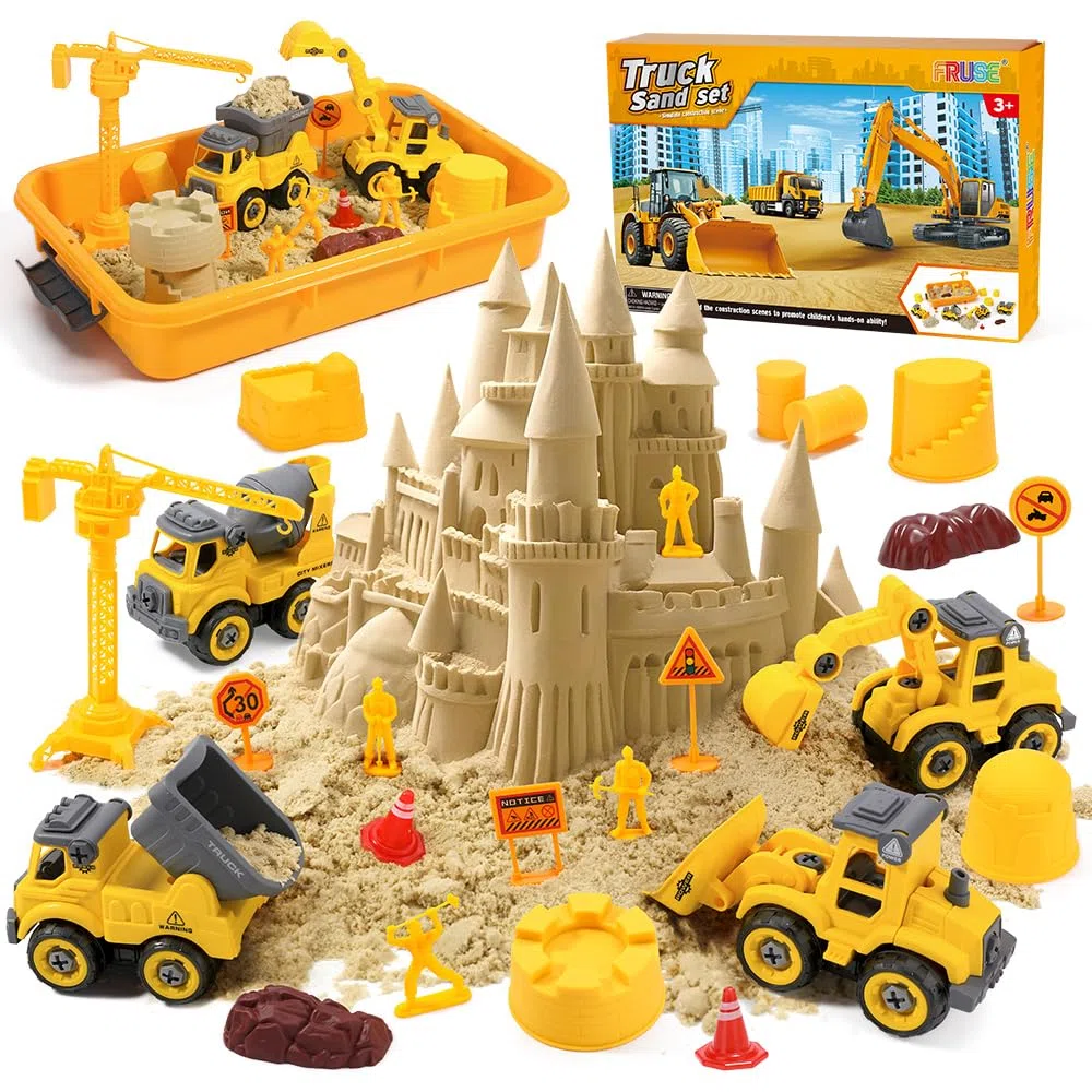 FRUSE Sabbia per Bambini,Kit di Sabbia con Sabbia Magica,4 Camion da Costruzione,4 Stampi per Castelli,Scatola di Sabbia con Coperchio,Sabbiera Giocattolo per Ragazzi e Ragazze Oltre i 3 Anni