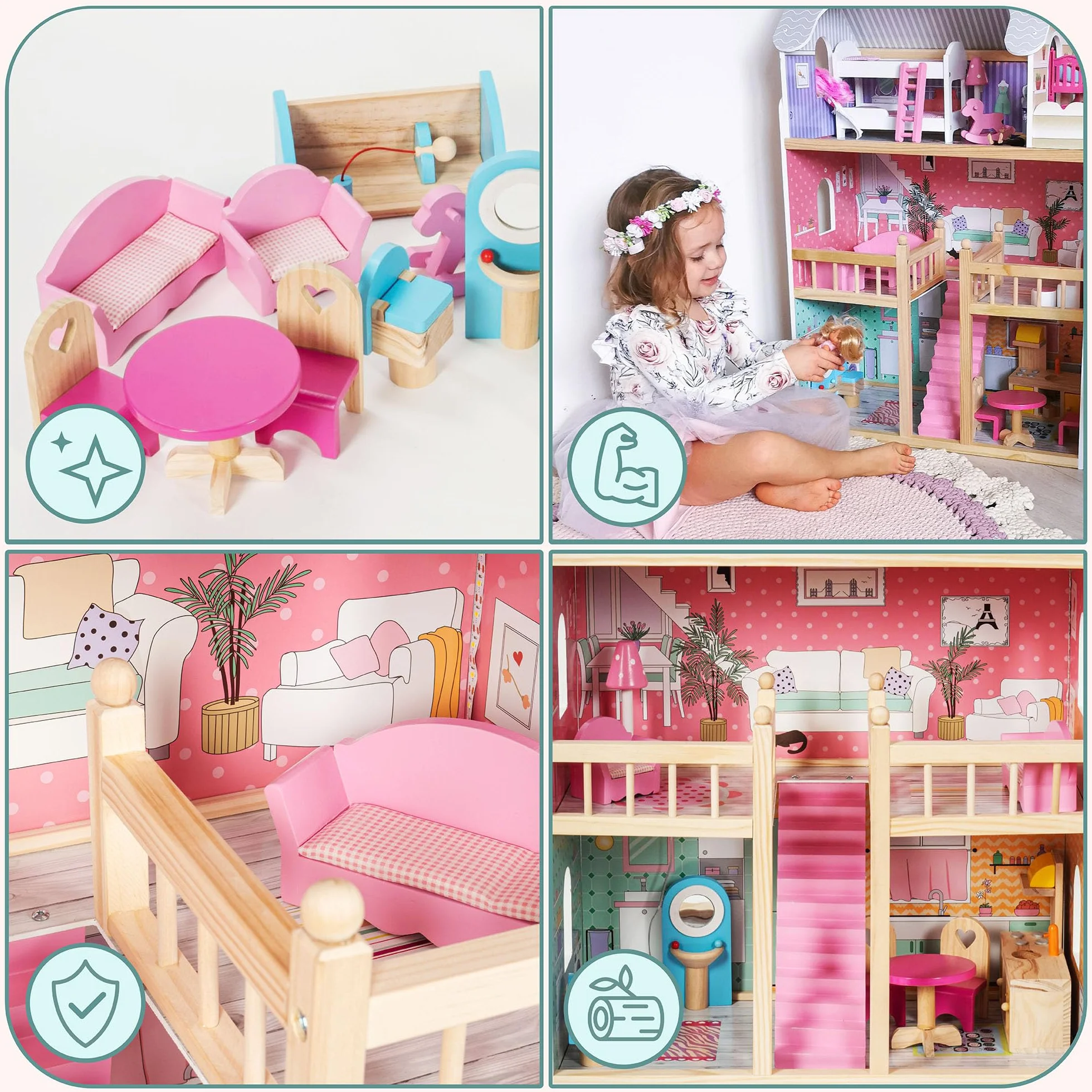 mamabrum Casa delle Bambole in Legno XXL – 3 Piani con LED e Mobili Inclusi – Casa Bambole 90x60x30 cm – Design Pastello Sicuro ed Educativo – Giocattolo per Bambine dai 3 Anni