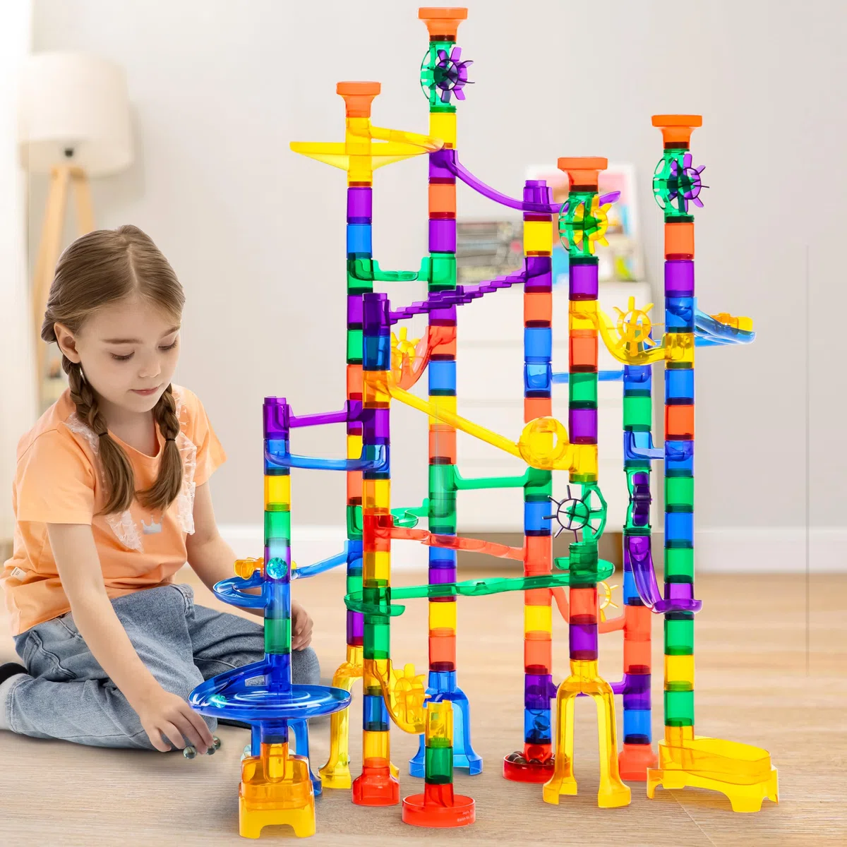 JOYIN - Set di Giocattoli in Marble Run (170 Pezzi), Giocattolo educativo per Costruzione (120 Pezzi in plastica + 50 Marmi di Vetro)