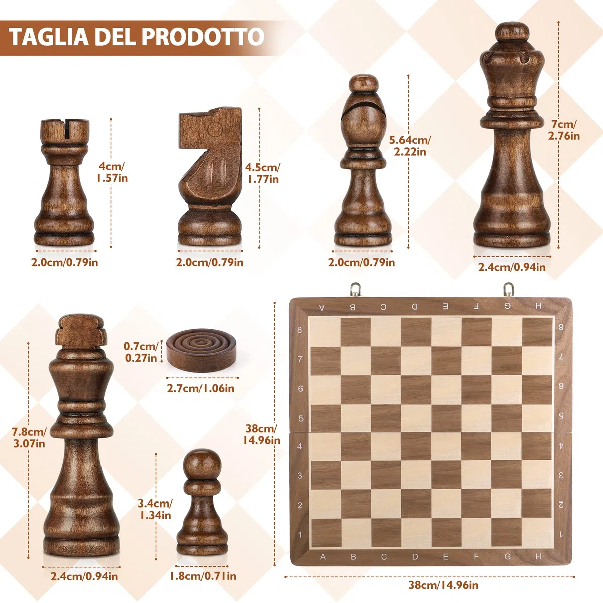 Peradix Scacchiera Magnetica Pieghevole Legno 38x38 cm 2 in 1 Dama e Scacchi da Viaggio