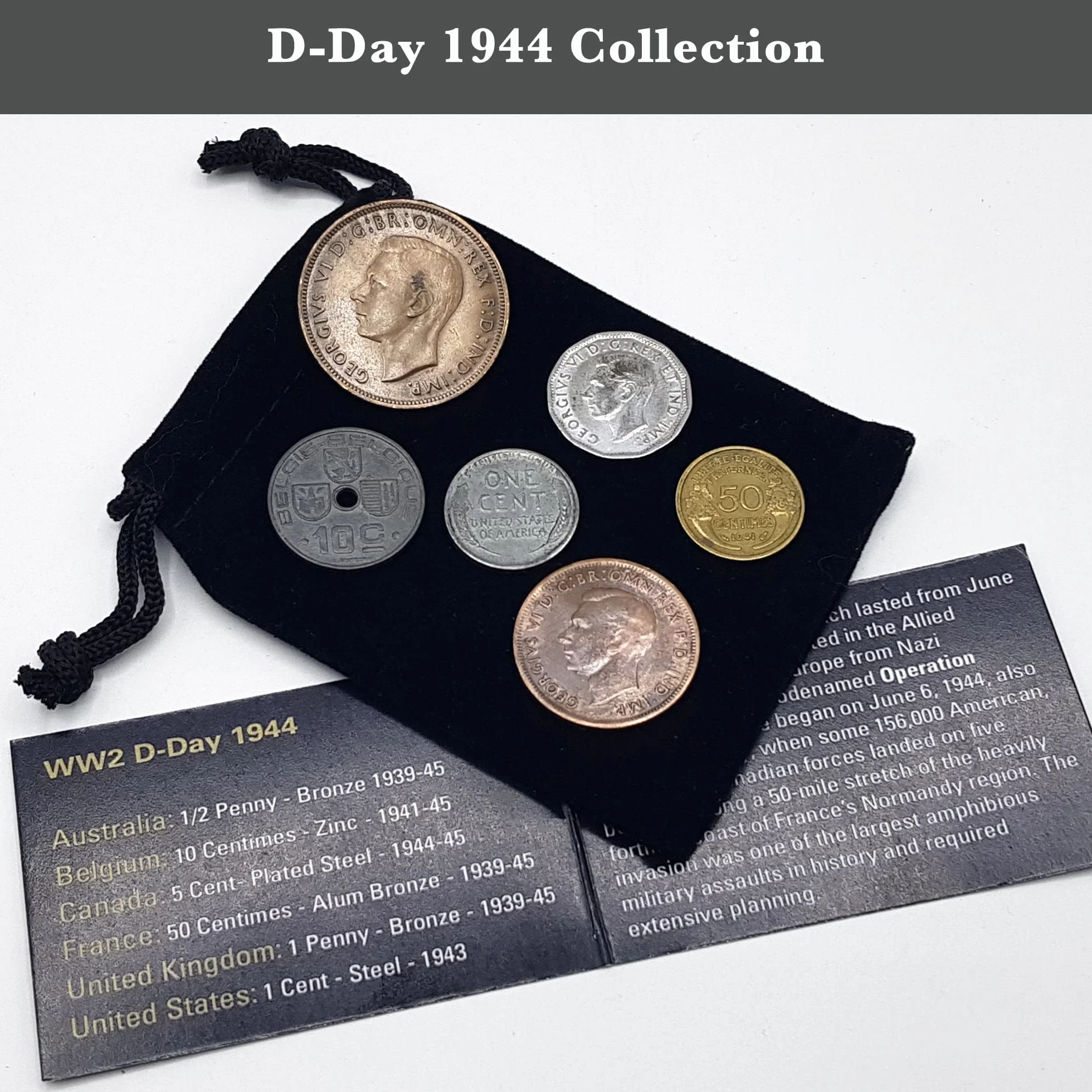 IMPACTO COLECCIONABLES | D-Day, Sbarco in Normandia, Collezione di 6 Monete Autentiche della Seconda Guerra Mondiale – Lotto Storico Originale in Sacchetto di Velluto con Certificato di Autenticità.