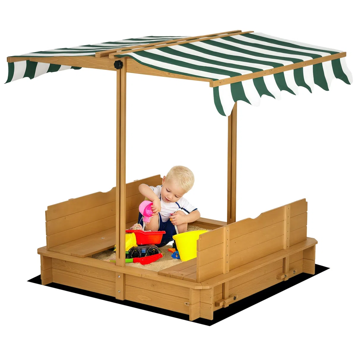 Outsunny Sandbox 106 x 106 cm per bambini con copertura regolabile in altezza, sabbiera in legno con panche schienale per esterni, giardino, terrazza, balcone