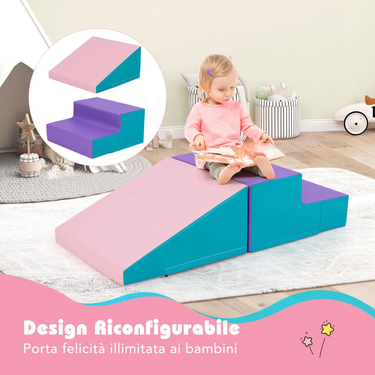COSTWAY Set di 2 Blocchi per Gattonare e Arrampicare per Bambini, Schiuma Morbida Gioco Attivo Interno, Viola e Rosa