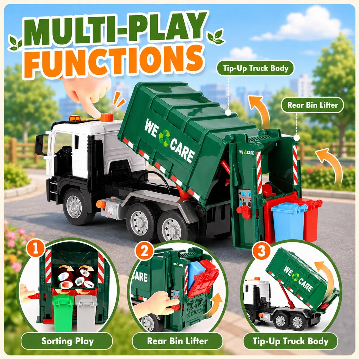 BunnyJOY Camion Spazzatura Giocattolo 3-6 Anni Luci e Suoni Veicolo Raccolta Rifiuti Regalo Verde