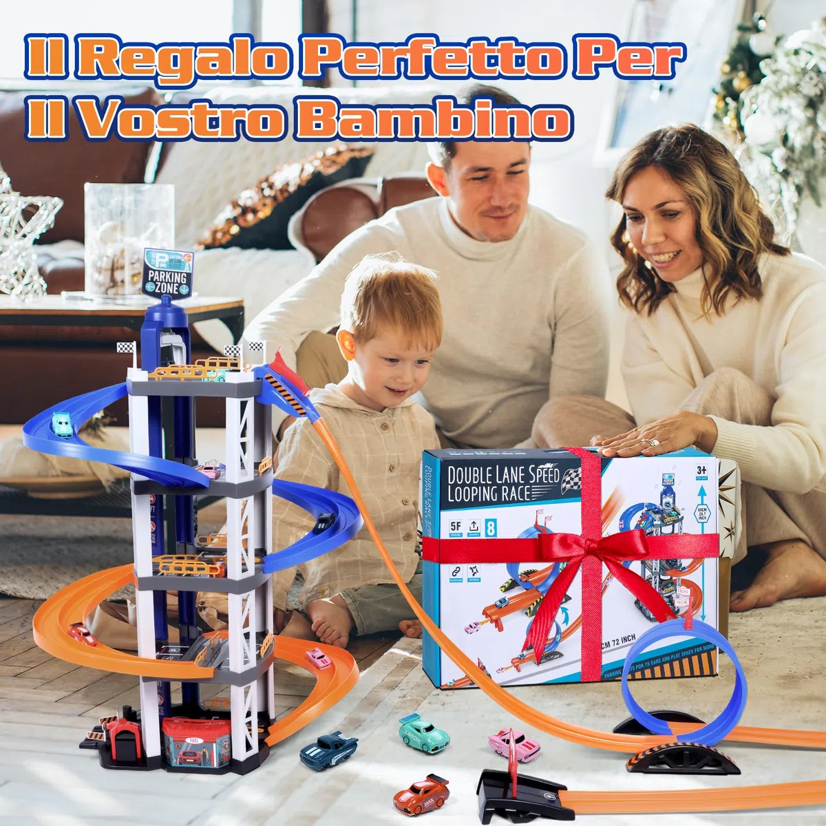 Charmofun 5 Piani Garage Macchine per Bambini, Grande Pista Macchinine Parcheggio Macchinine con 8 Auto, Ascensore, Luci e Suoni, Giocattolo Auto Garage per Bambini 3 4 5 6 7 8 Anni