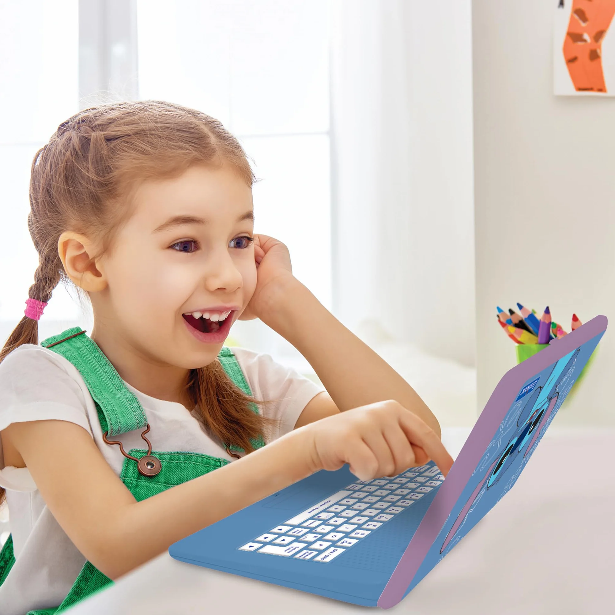 LEXIBOOK, Disney Stitch, Laptop bilingue ed educativo Inglese/Francese Giocattolo per Bambini, 170 attività da Imparare, Giocare e Musica, Schermo Grande, Blu/Viola, JC599Di1