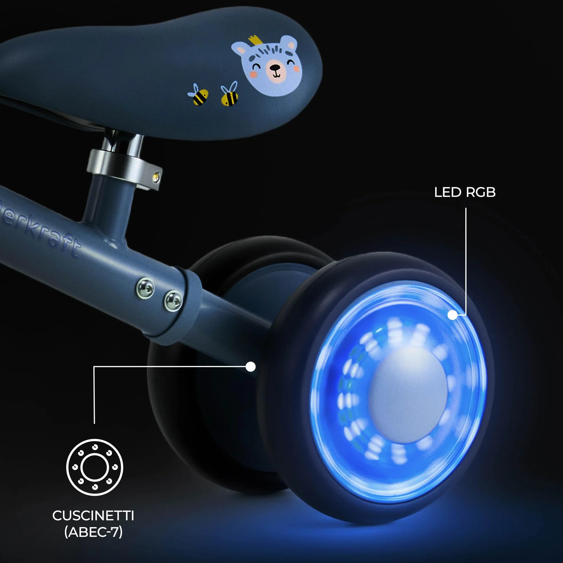 Kinderkraft CUTIE FLASH, bicicletta educativa per bambini, senza pedali, ruote con luci a LED, design moderno, costruzione sicura, per bambini a partire da 1 anno, Blu