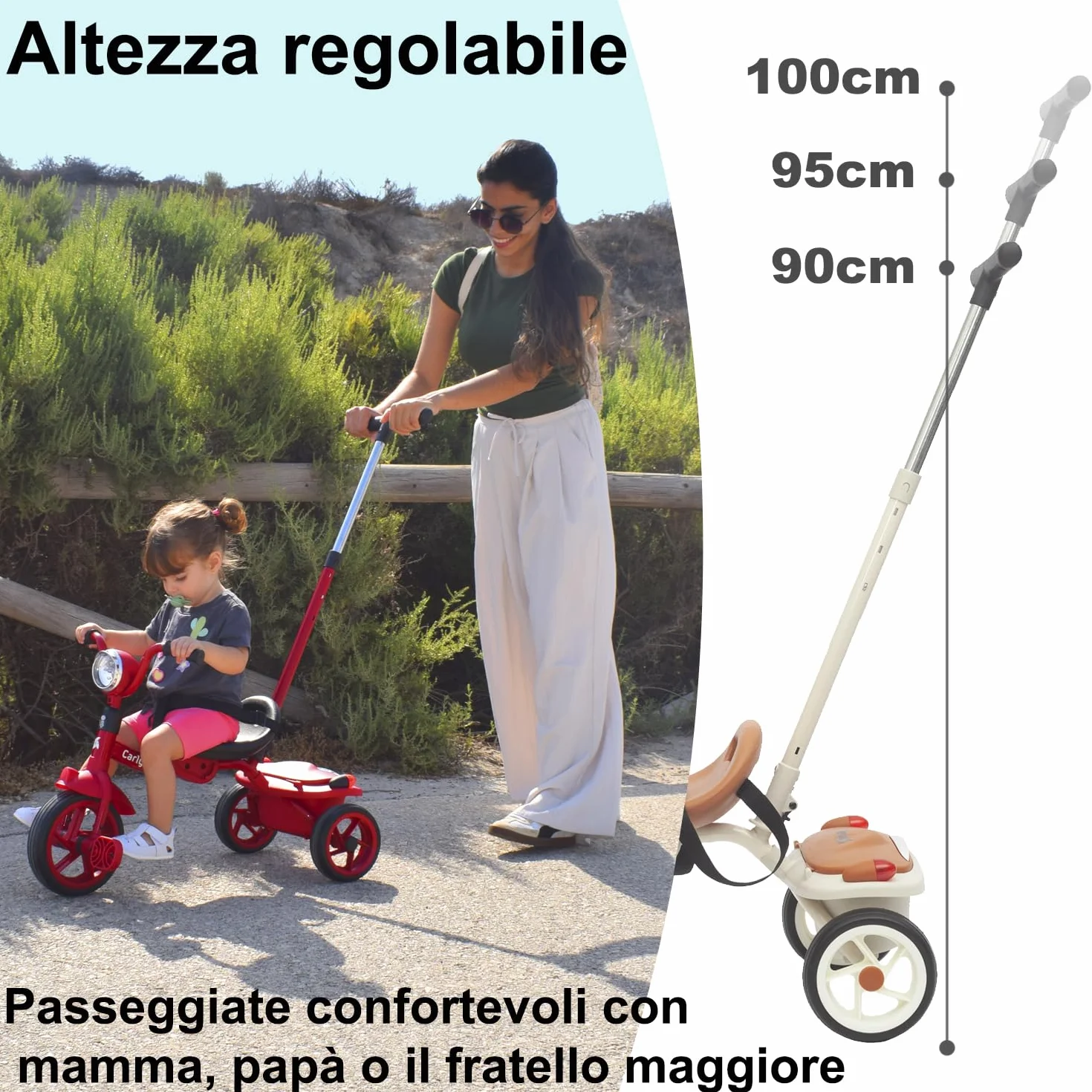 Twinly Triciclo Evolutivo per Bambini Pieghevole per bambini 1-5 Anni - Triciclo per Bambini Leggero e Compatto - Manubrio con Luce e Suono, Cestino e Barra di Spinta Regolabile Carly (Bianco)