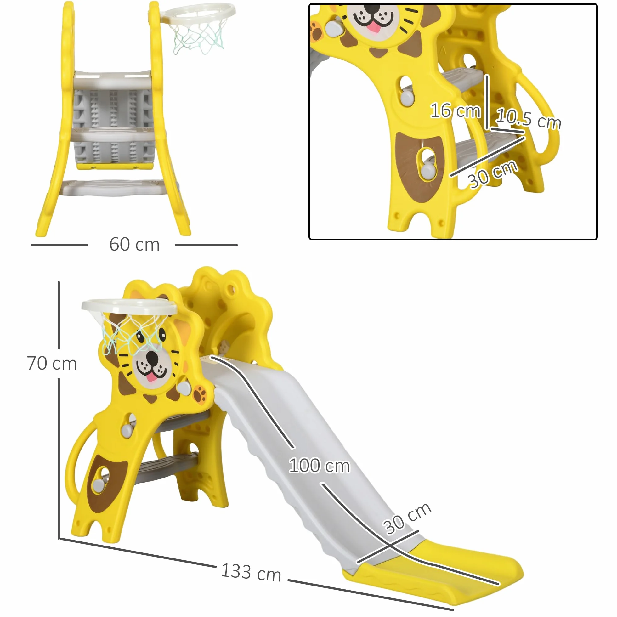 AIYAPLAY Scivolo per Bimbi 18-36 Mesi con Canestro da Basket Laterale, Scivolo in Plastica, 131x50x74 cm, Giallo e Grigio