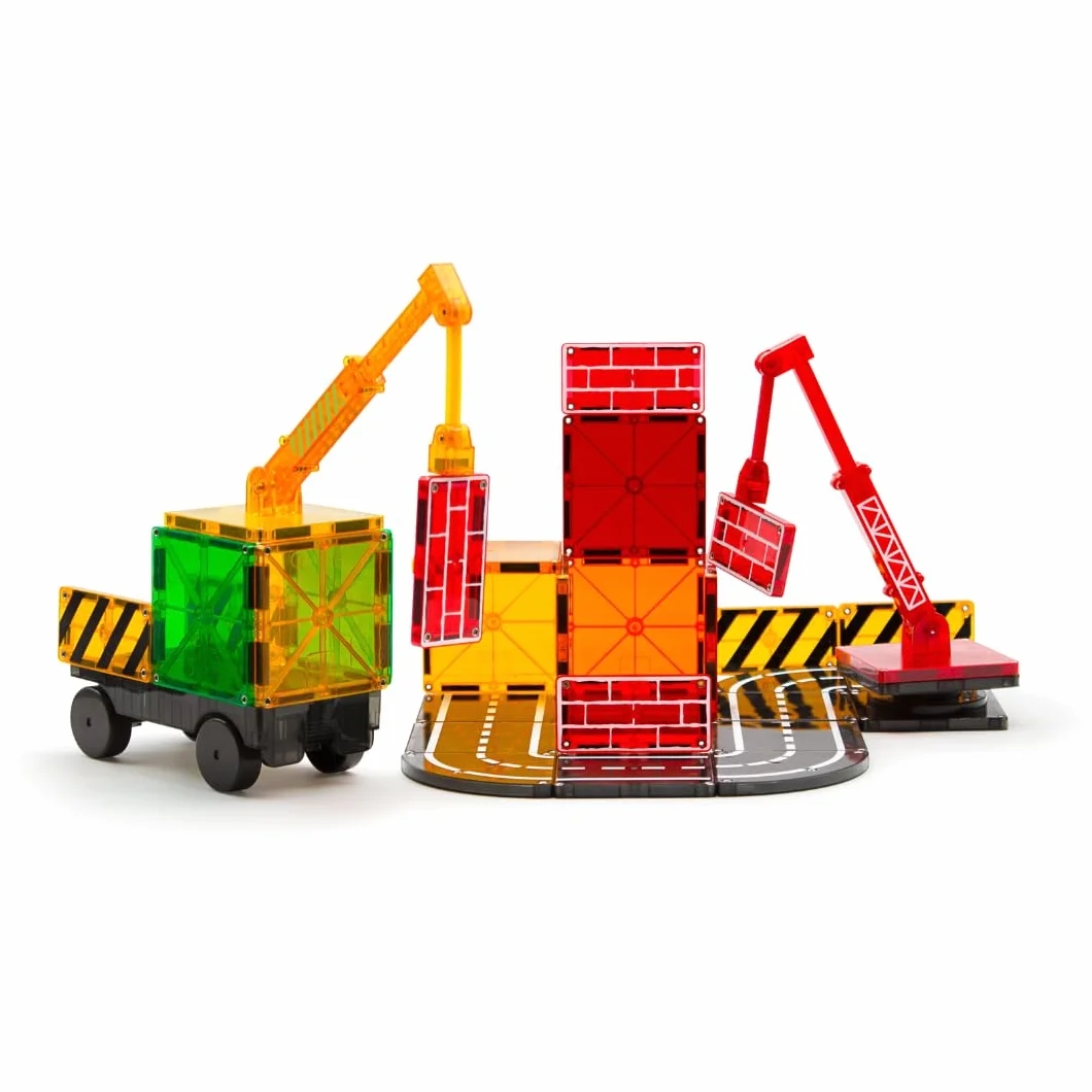 Magna-Tiles Builder - Cassetta magnetica da 32 pezzi, con pannelli stradali, gru e veicoli, dai 3 anni in su, giocattolo STEAM per la costruzione creativa, kit compatibile